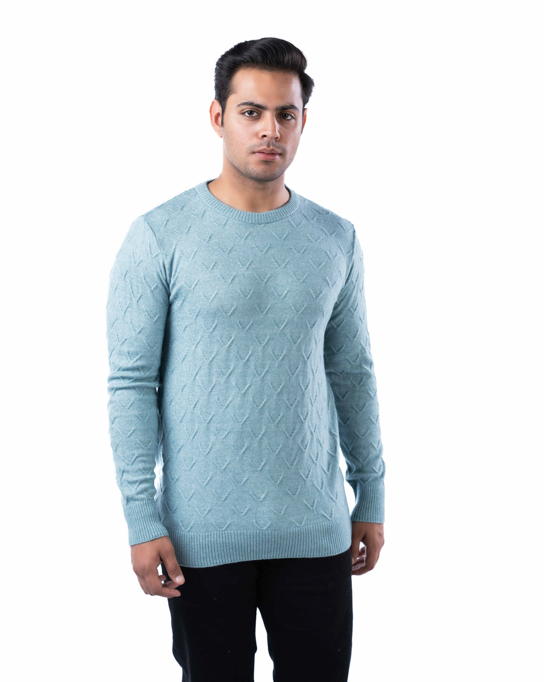 Men’s Sea Green Tuck Knit Pullover in Blended Yarn with Crew Neck and Side Loop Label