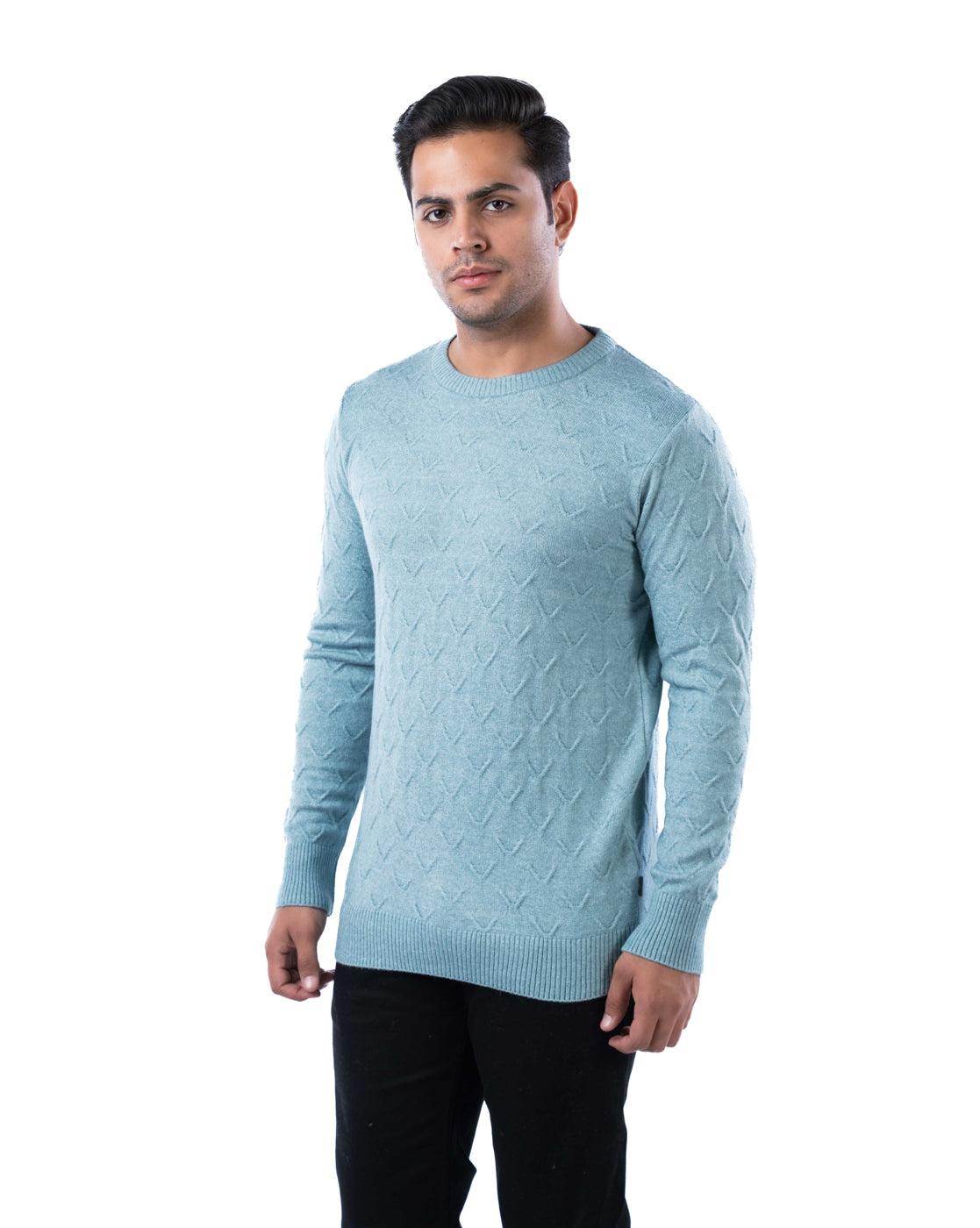 Men’s Sea Green Tuck Knit Pullover in Blended Yarn with Crew Neck and Side Loop Label