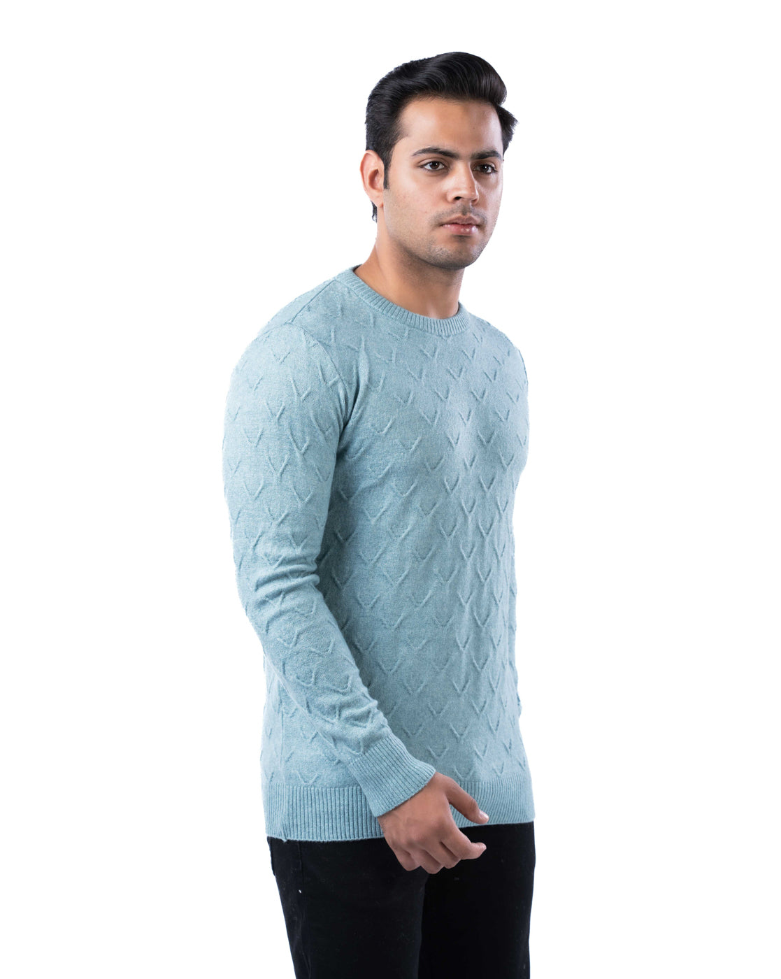 Men’s Sea Green Tuck Knit Pullover in Blended Yarn with Crew Neck and Side Loop Label