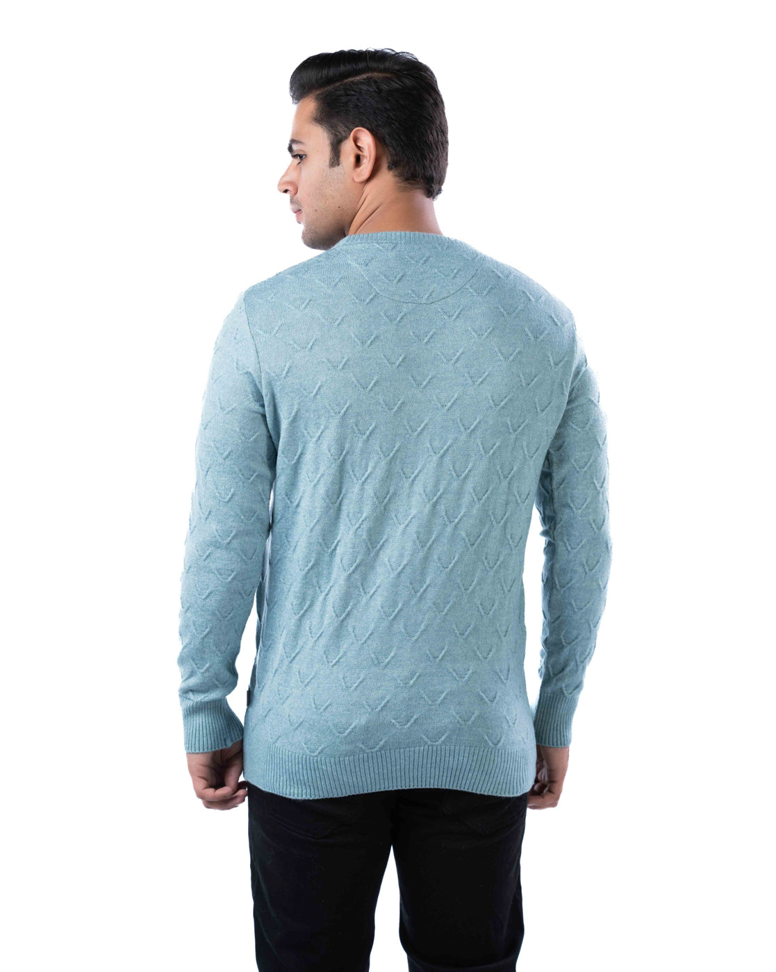 Men’s Sea Green Tuck Knit Pullover in Blended Yarn with Crew Neck and Side Loop Label