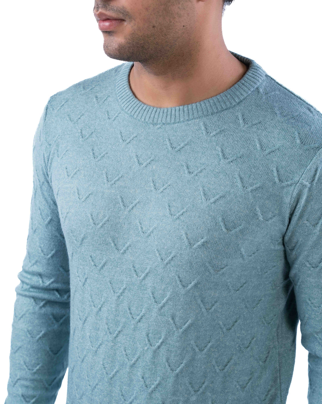 Men’s Sea Green Tuck Knit Pullover in Blended Yarn with Crew Neck and Side Loop Label