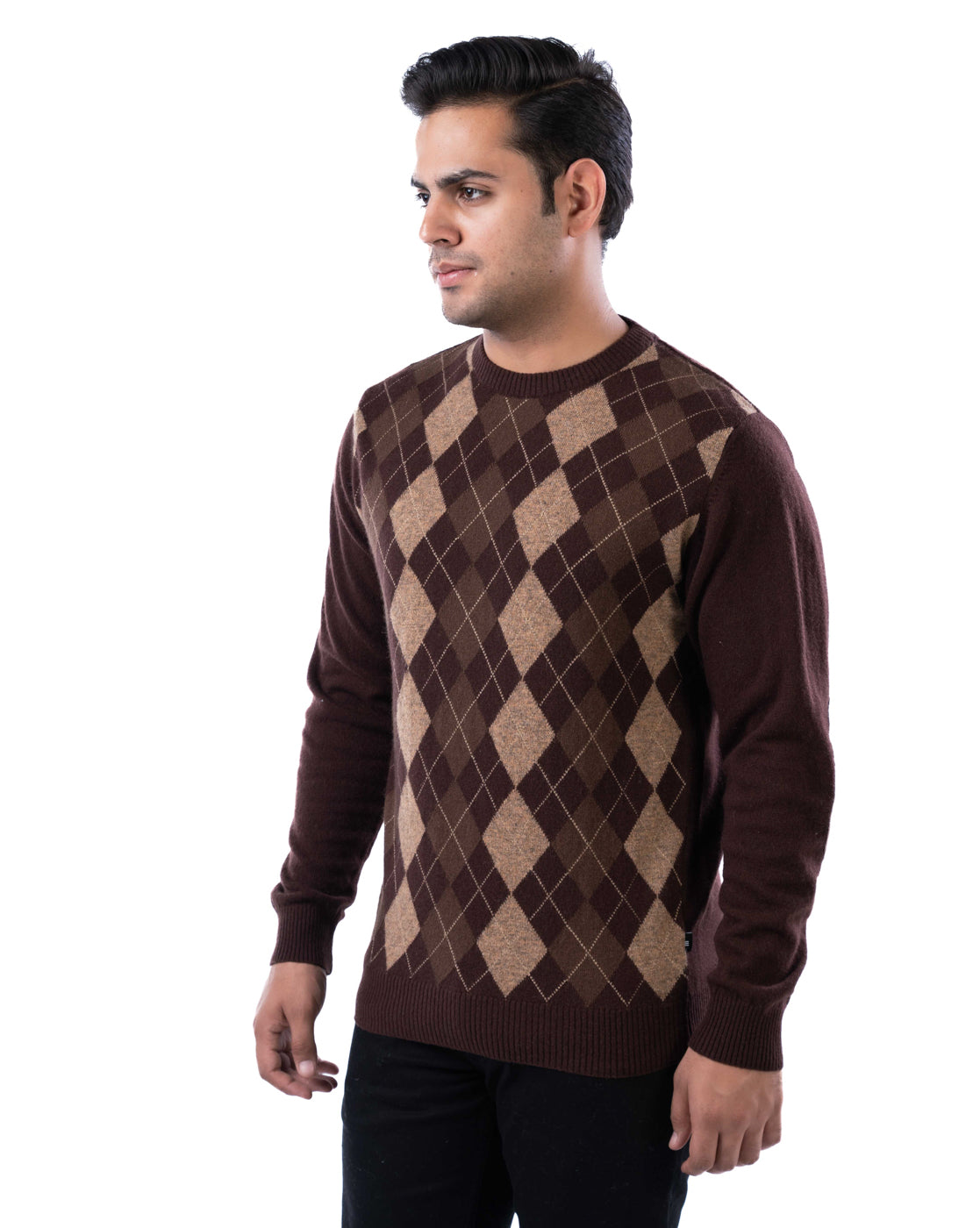 Men’s Dark Brown Lambswool Argyle Sweater with Elbow Patches