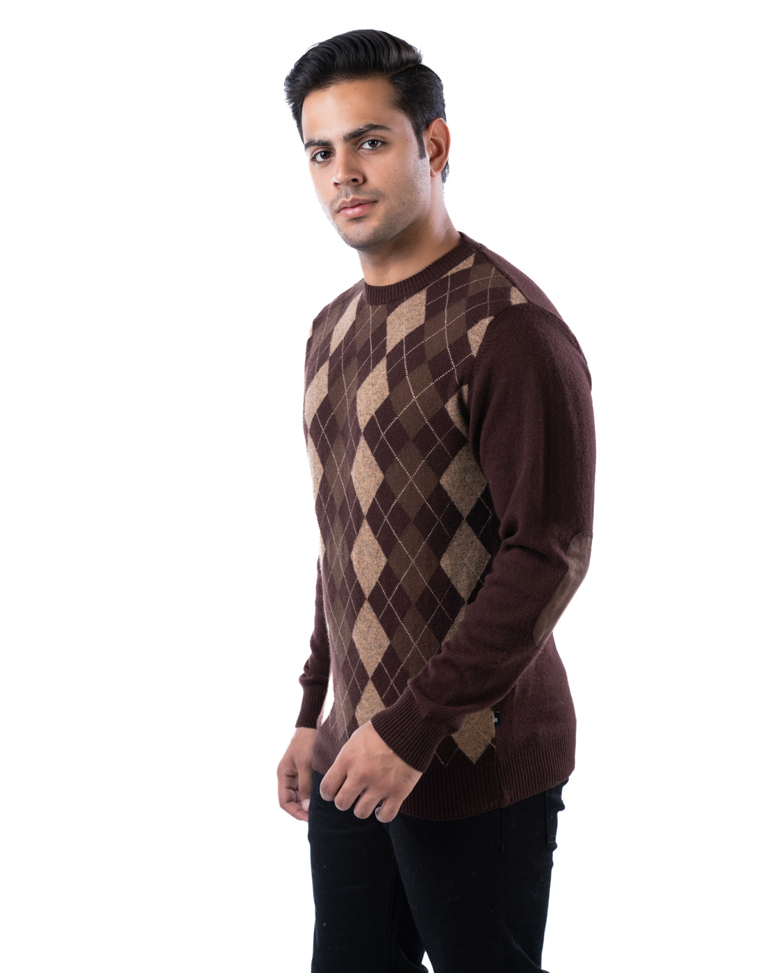 Men’s Dark Brown Lambswool Argyle Sweater with Elbow Patches