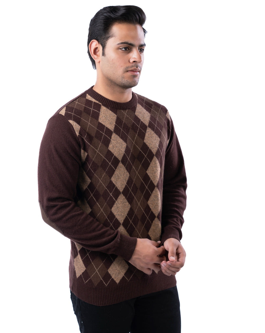 Men’s Dark Brown Lambswool Argyle Sweater with Elbow Patches