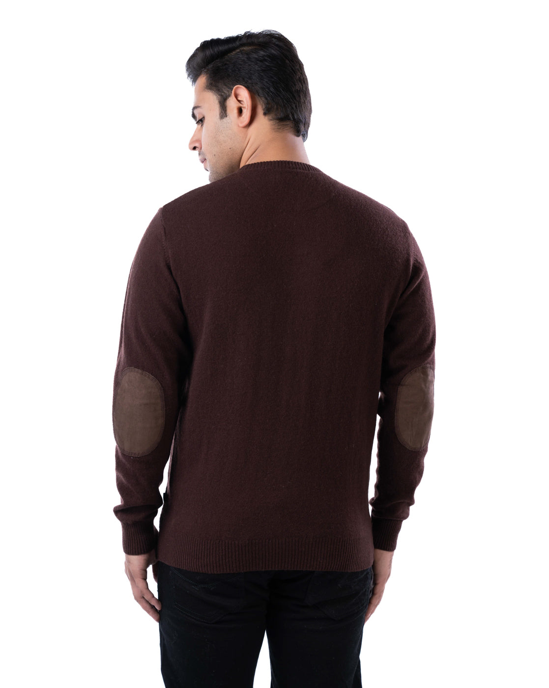 Men’s Dark Brown Lambswool Argyle Sweater with Elbow Patches