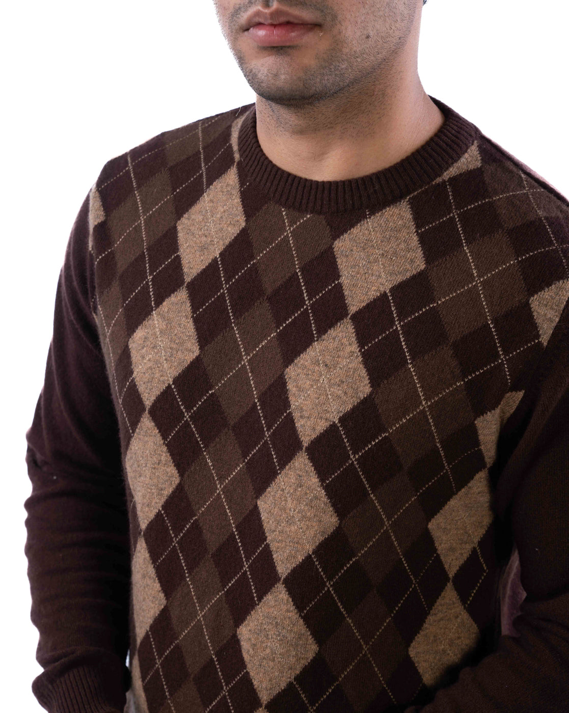 Men’s Dark Brown Lambswool Argyle Sweater with Elbow Patches