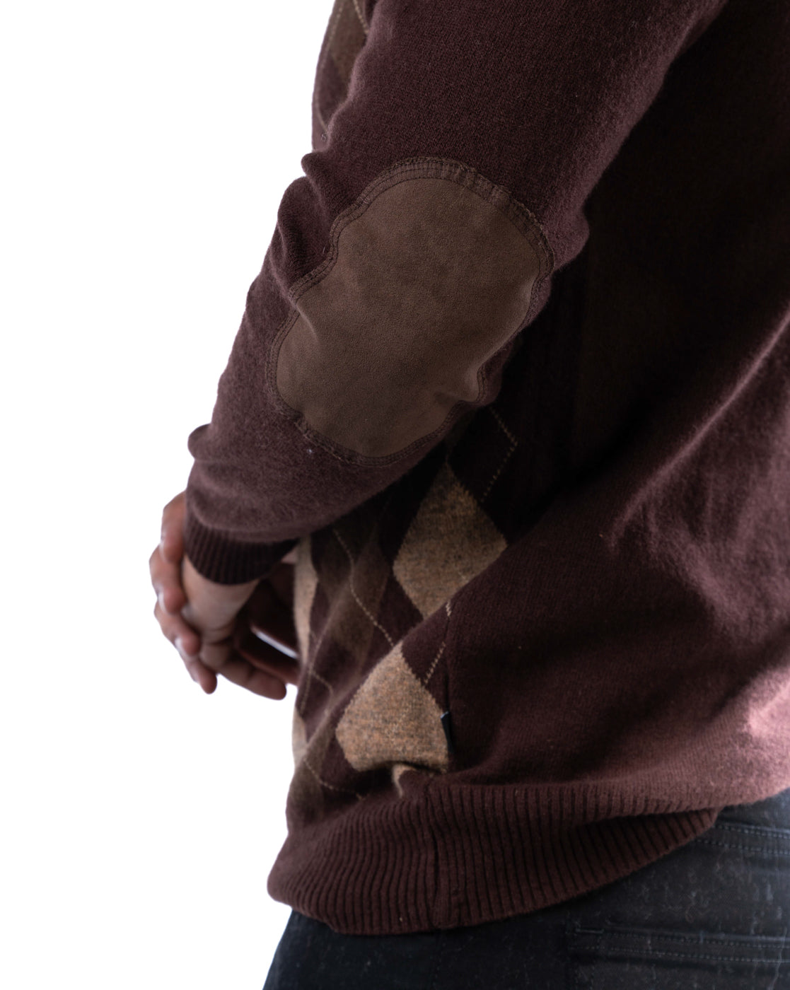 Men’s Dark Brown Lambswool Argyle Sweater with Elbow Patches