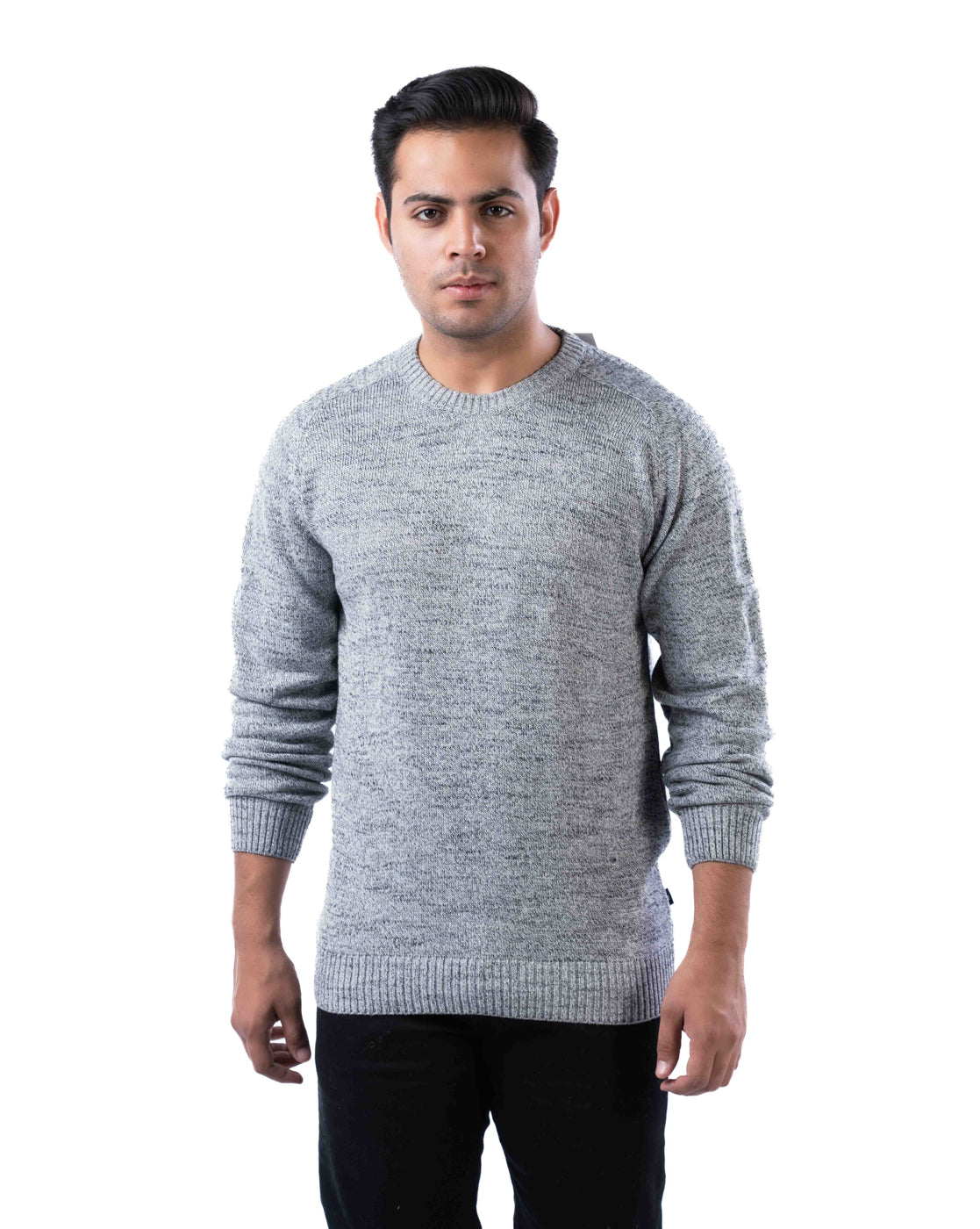 Men’s Light Grey Grindle Yarn Crew Neck Pullover with Elbow Patches