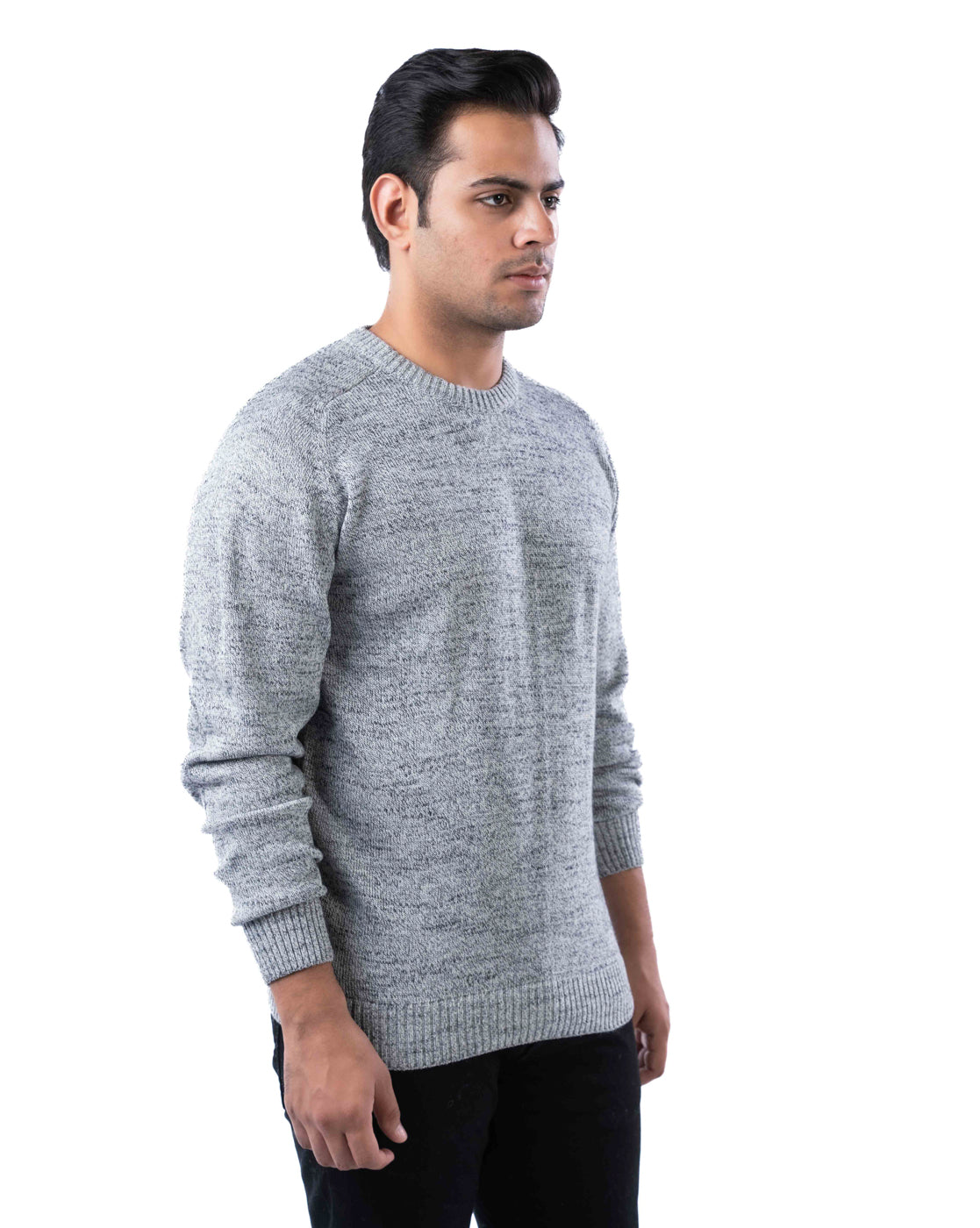 Men’s Light Grey Grindle Yarn Crew Neck Pullover with Elbow Patches