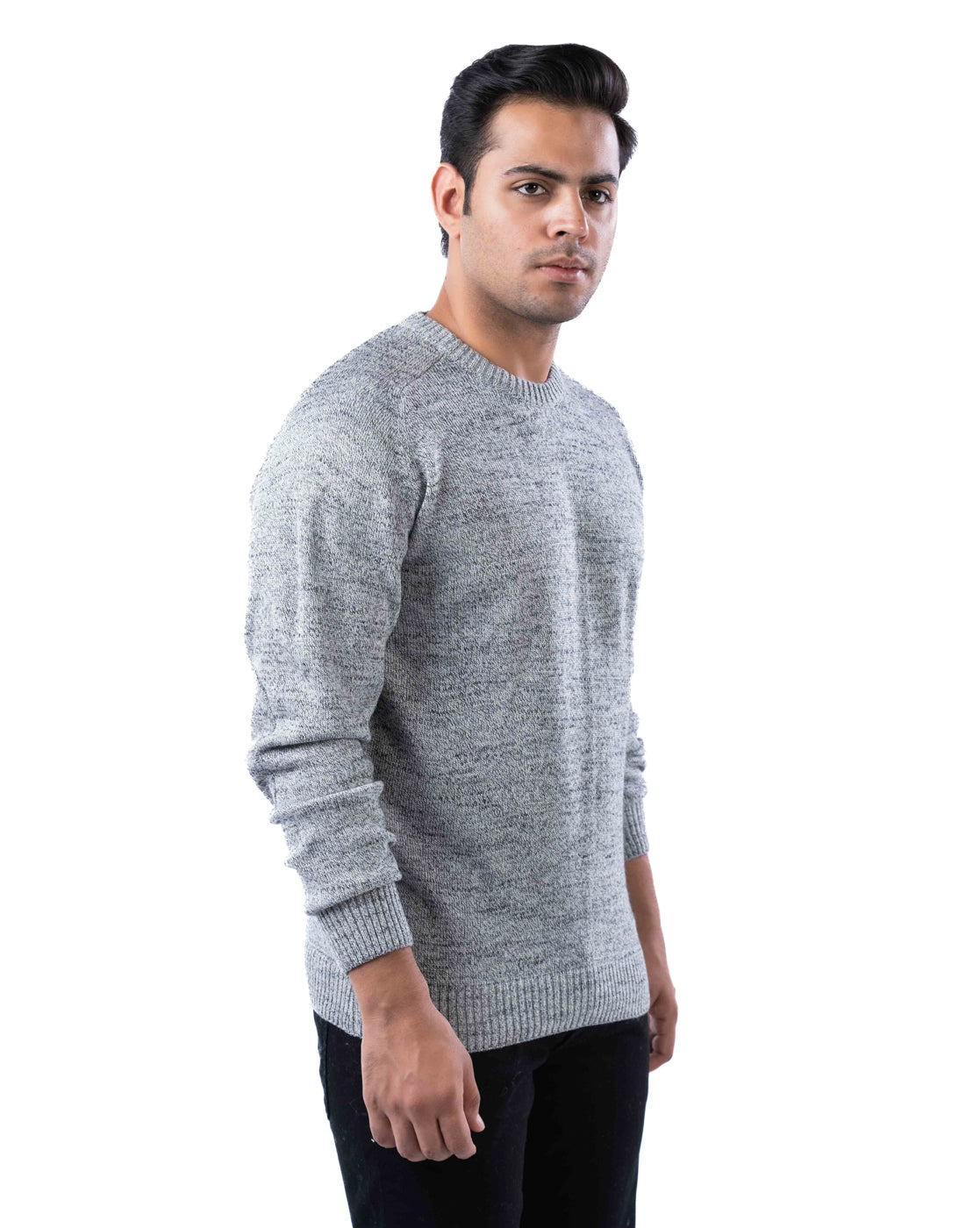 Men’s Light Grey Grindle Yarn Crew Neck Pullover with Elbow Patches