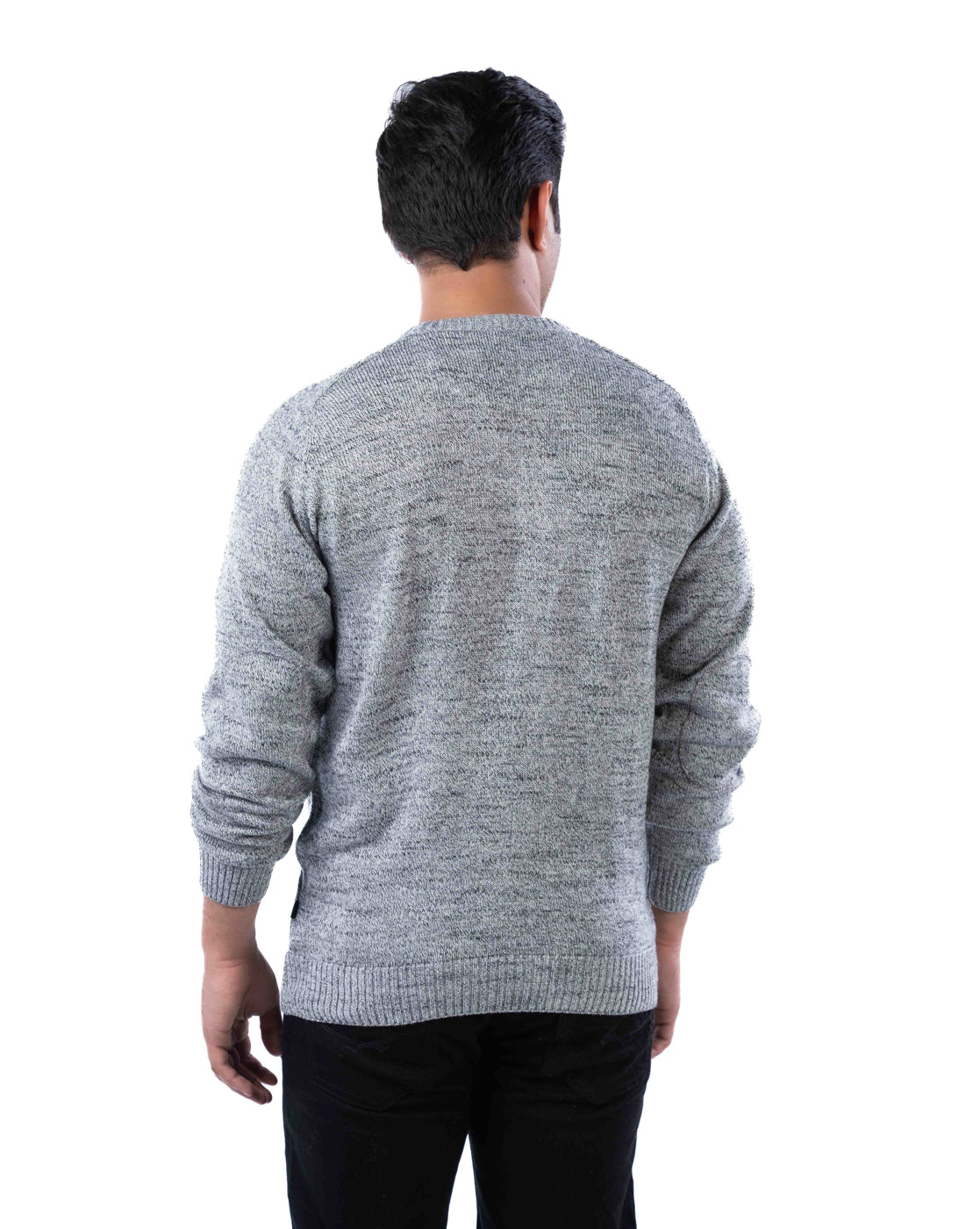 Men’s Light Grey Grindle Yarn Crew Neck Pullover with Elbow Patches