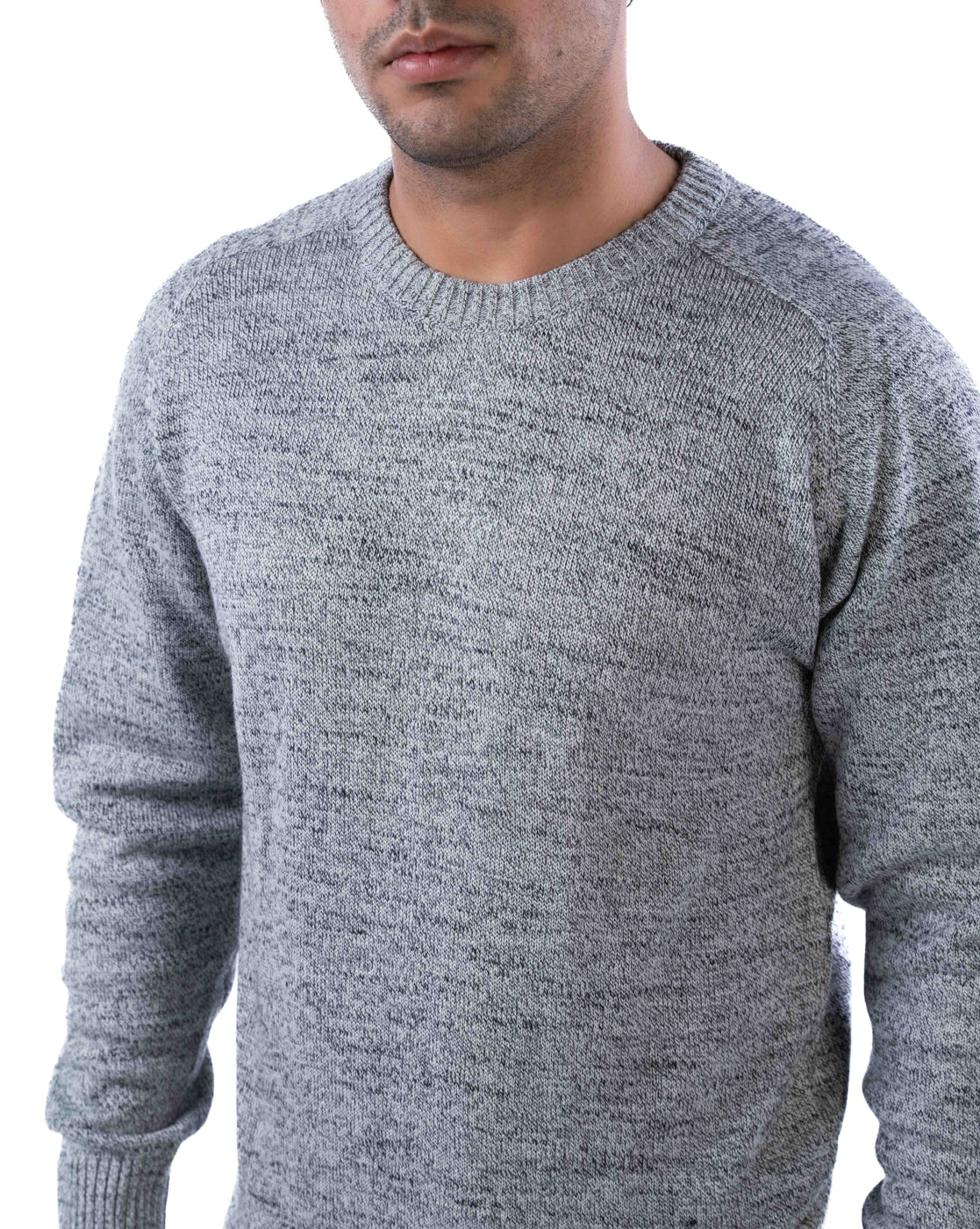 Men’s Light Grey Grindle Yarn Crew Neck Pullover with Elbow Patches