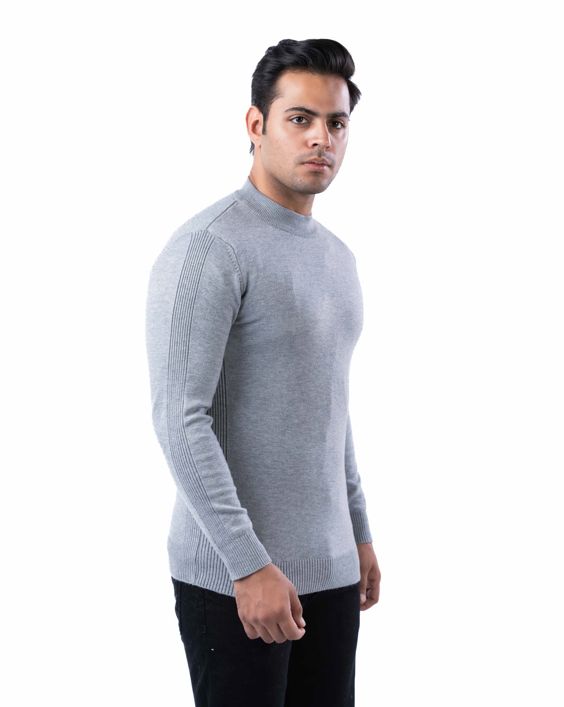 Men’s Light Grey Ribbed Crew Neck Pullover Sweater