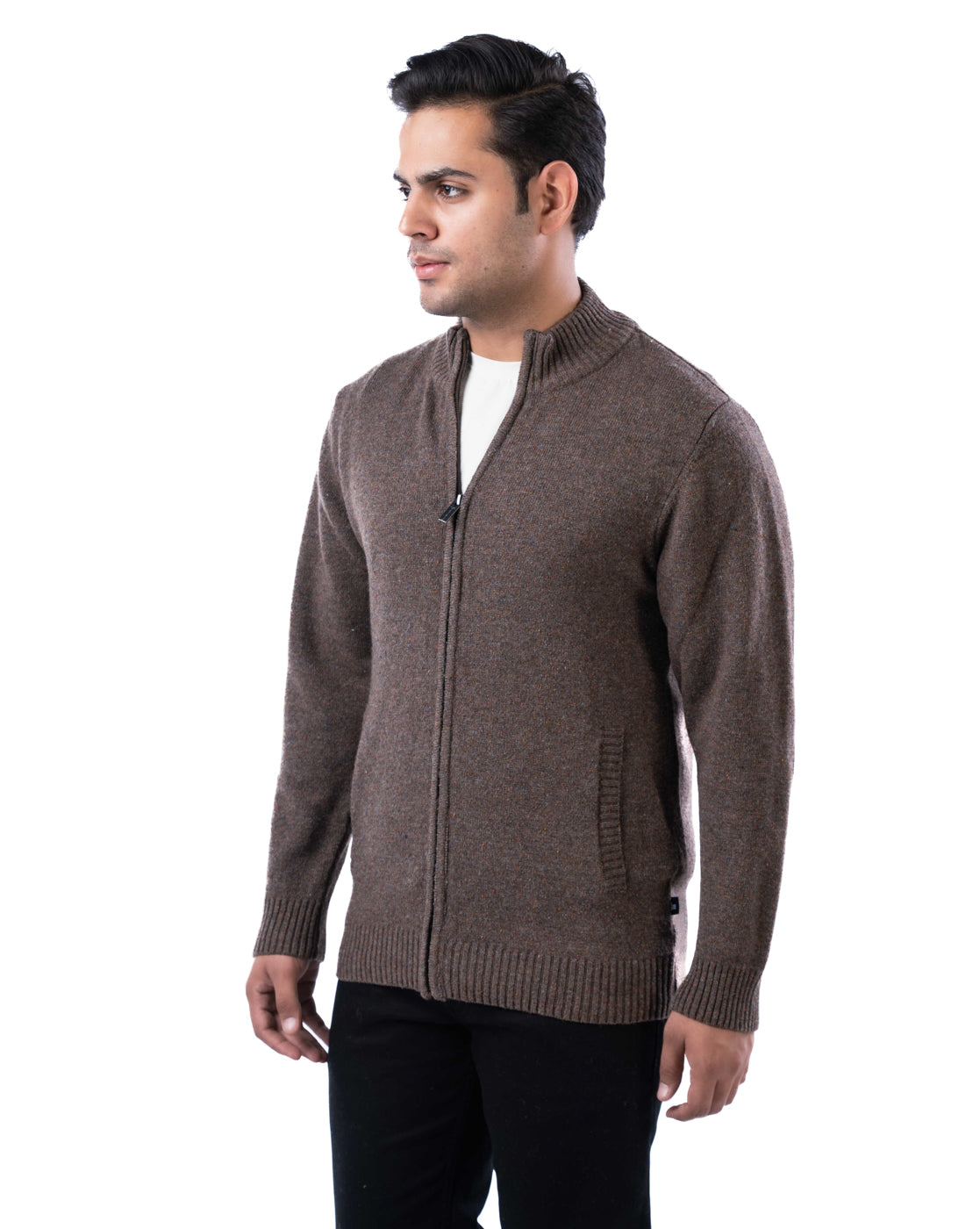 Men’s Dark Brown Lambswool Zipper Cardigan with Ribbed Pockets