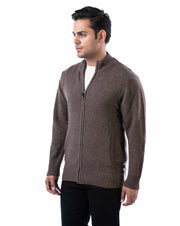 Men’s Dark Brown Lambswool Zipper Cardigan with Ribbed Pockets