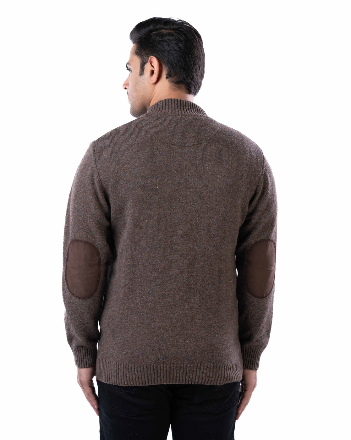 Men’s Dark Brown Lambswool Zipper Cardigan with Ribbed Pockets