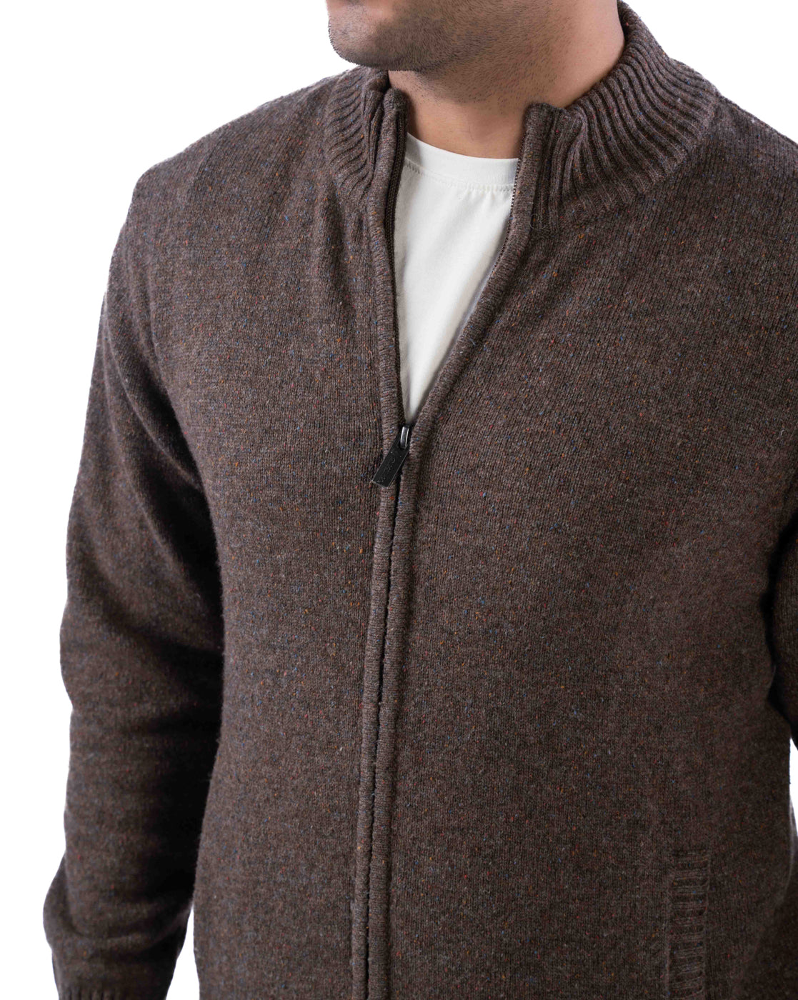 Men’s Dark Brown Lambswool Zipper Cardigan with Ribbed Pockets