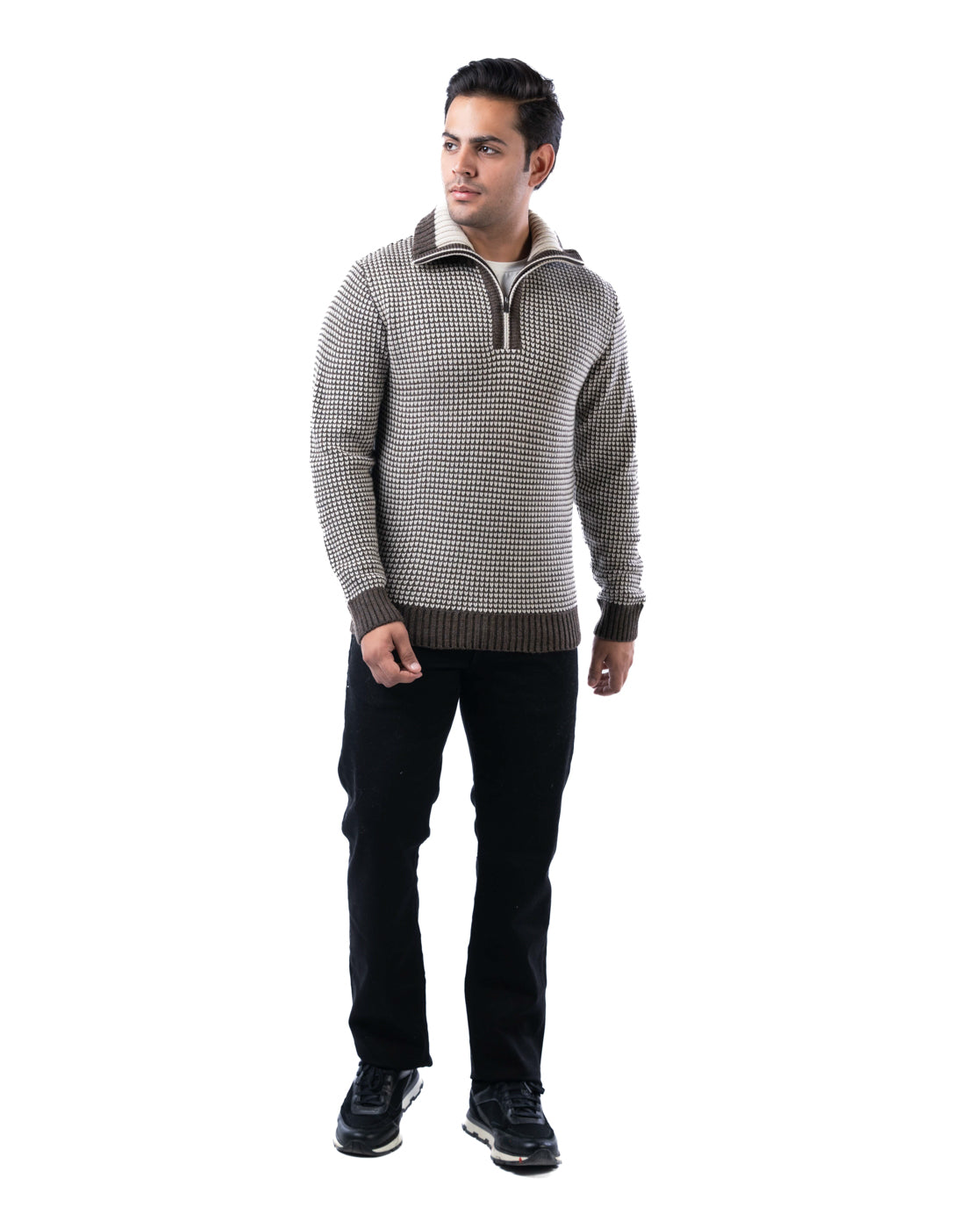 Men’s Brown Textured Acrowool Pullover with Half Zipper Placket