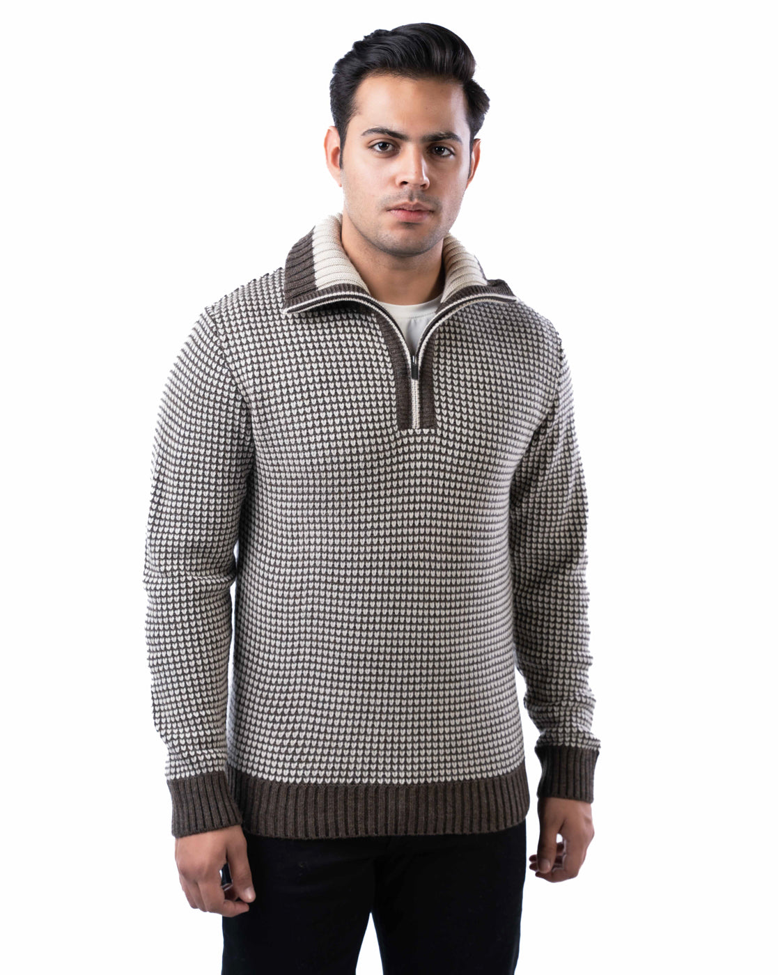 Men’s Brown Textured Acrowool Pullover with Half Zipper Placket
