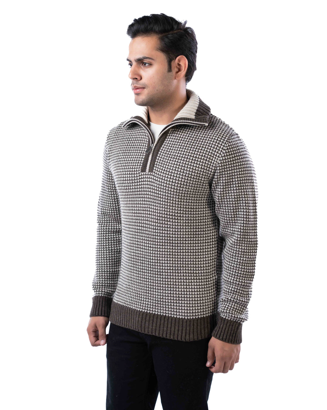 Men’s Brown Textured Acrowool Pullover with Half Zipper Placket