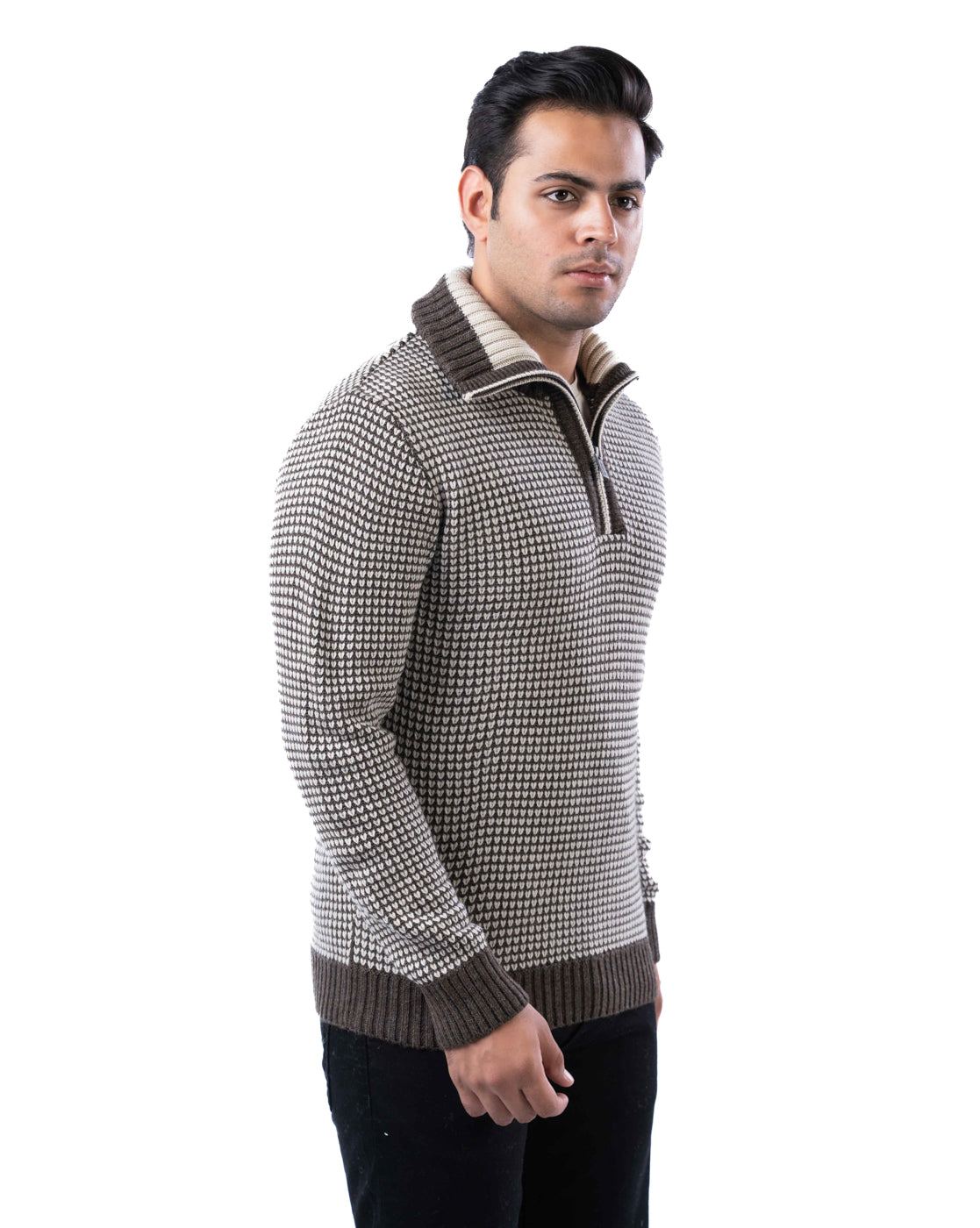 Men’s Brown Textured Acrowool Pullover with Half Zipper Placket