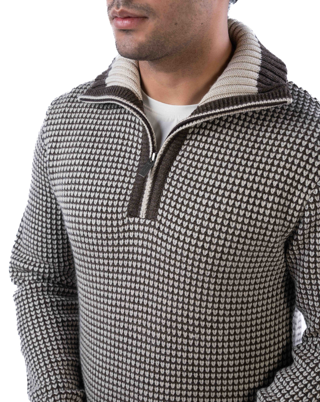 Men’s Brown Textured Acrowool Pullover with Half Zipper Placket