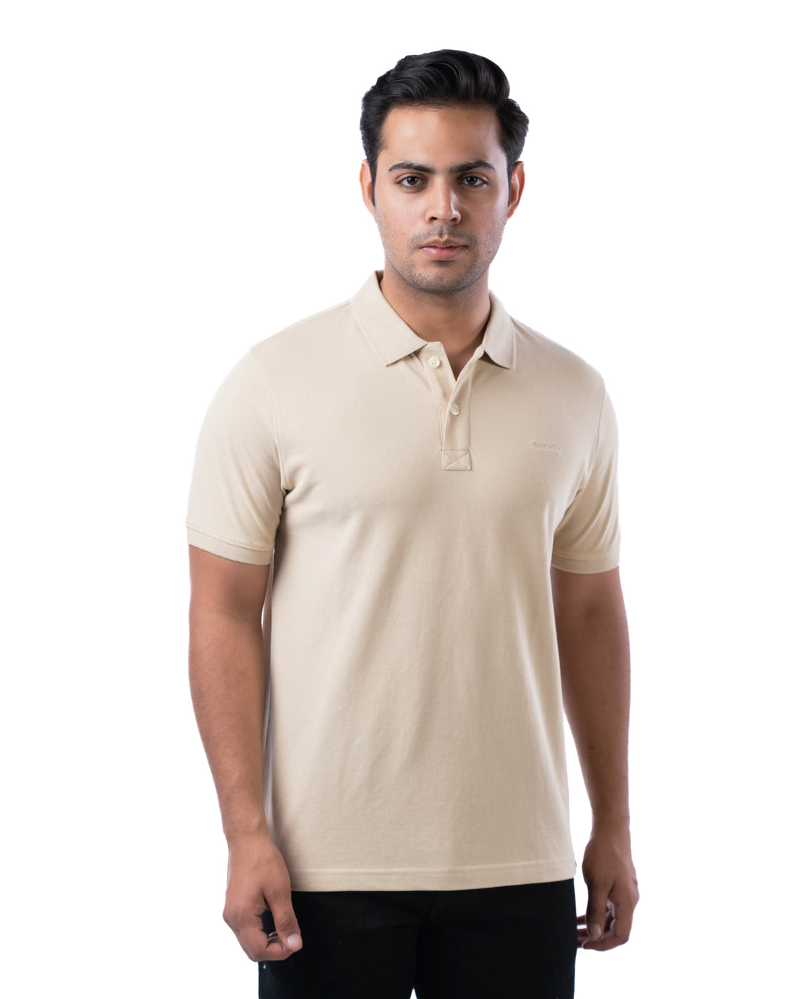 Men’s Beige Cotton Polo T-Shirt – Solid Stretchable Regular Fit