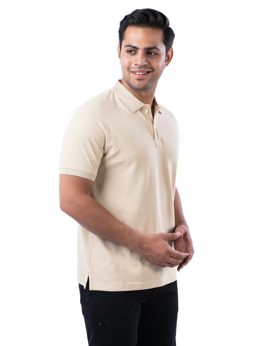 Men’s Beige Cotton Polo T-Shirt – Solid Stretchable Regular Fit