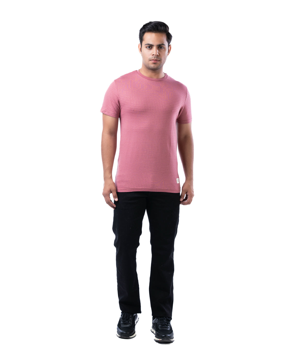 Men's Burgundy Textured Crew Neck T-Shirt