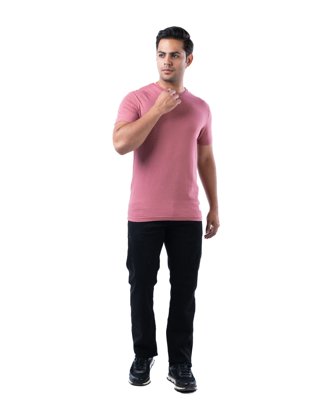 Men's Burgundy Textured Crew Neck T-Shirt