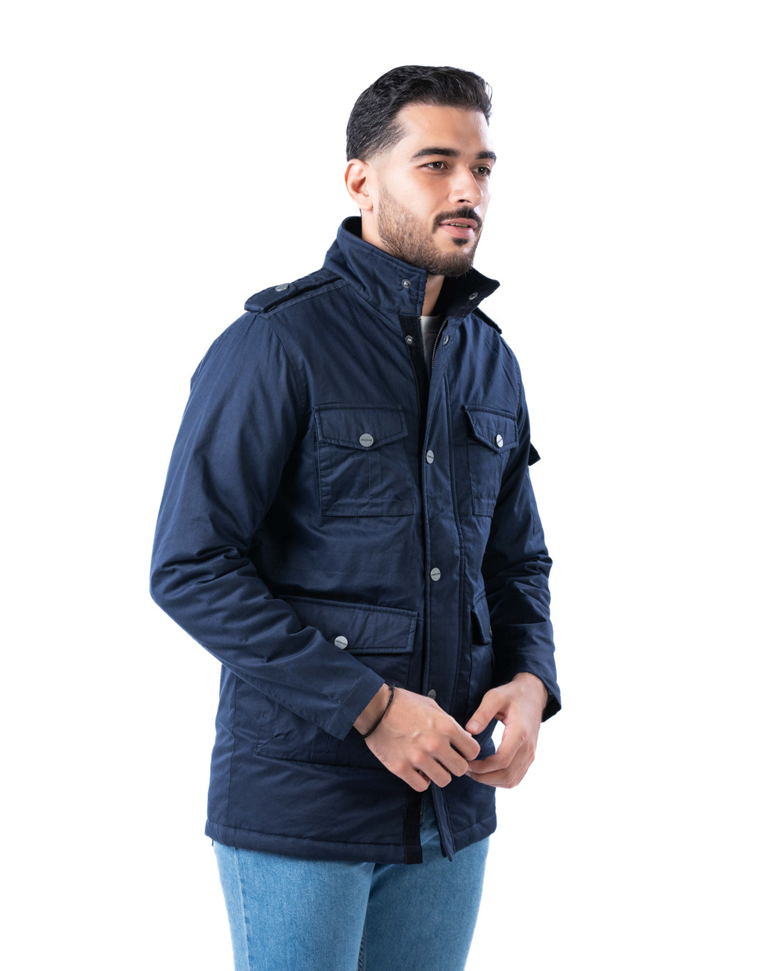 Men’s Navy Cotton Biker Jacket with Epaulets & Pockets