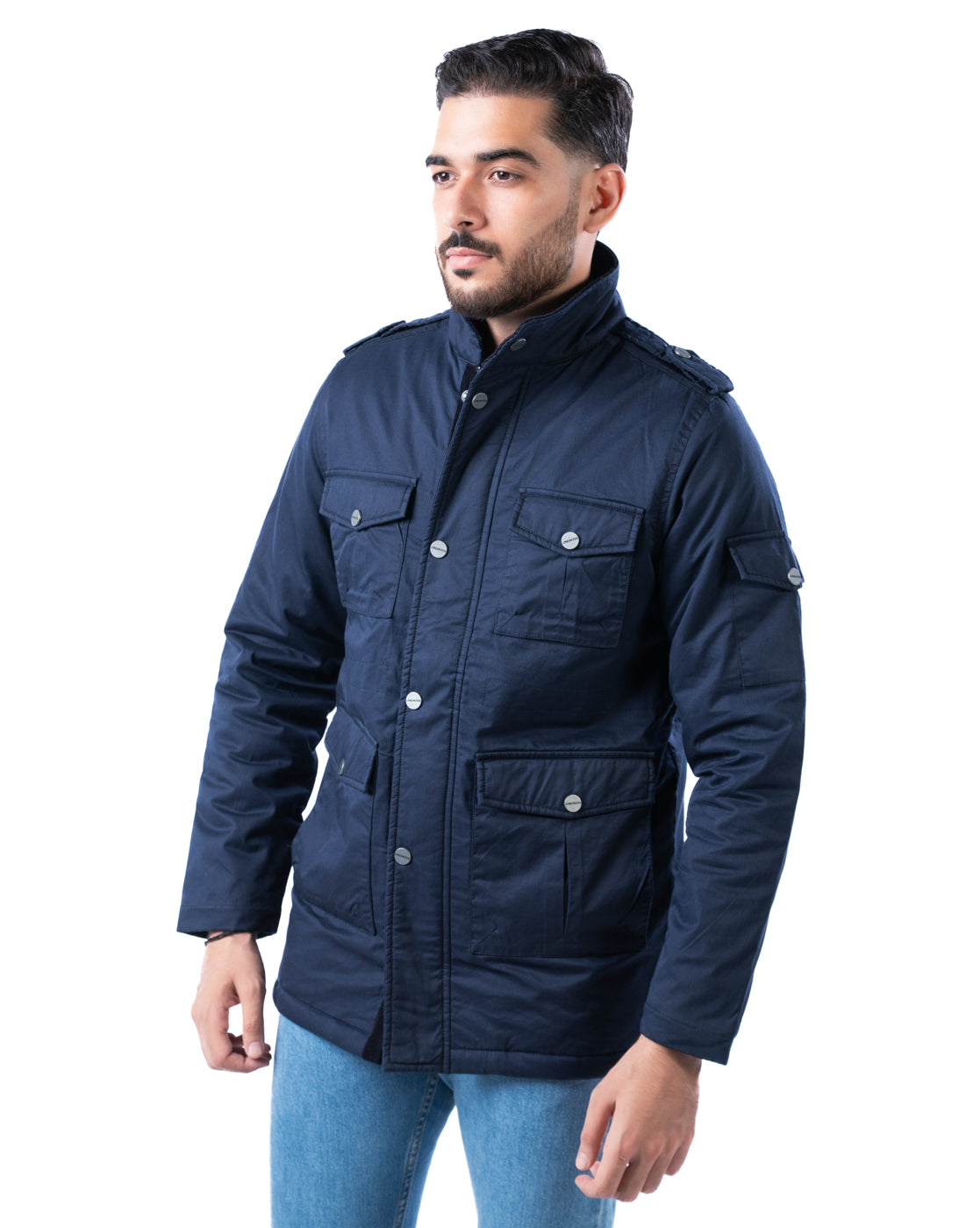 Men’s Navy Cotton Biker Jacket with Epaulets & Pockets