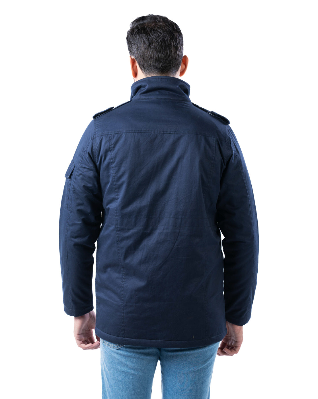 Men’s Navy Cotton Biker Jacket with Epaulets & Pockets