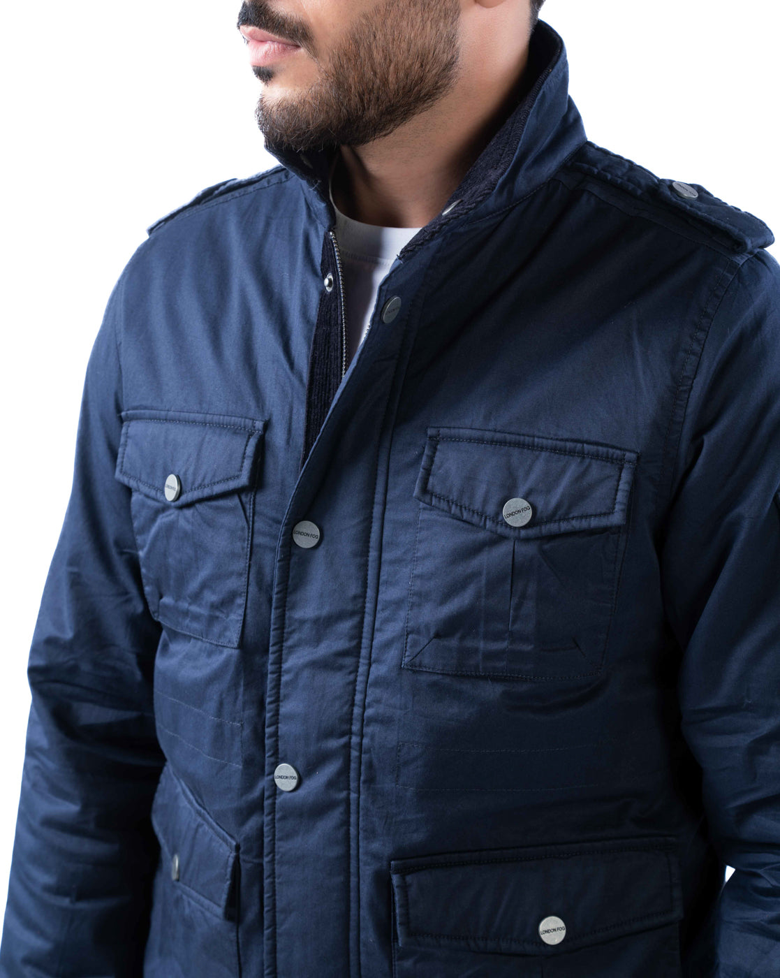 Men’s Navy Cotton Biker Jacket with Epaulets & Pockets
