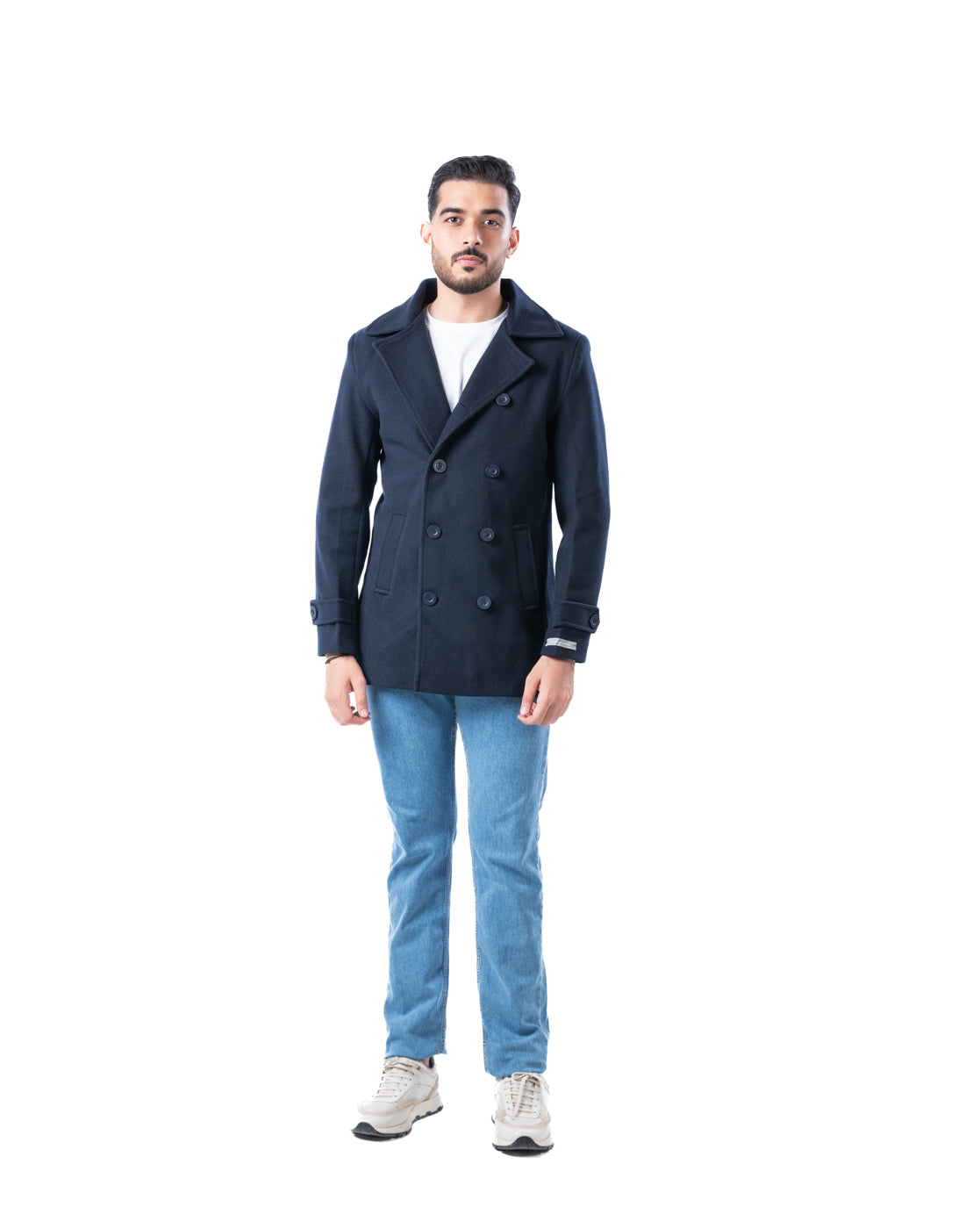 Men’s Navy Double-Breasted Blazer with Lapel Collar & Sleeve Tabs