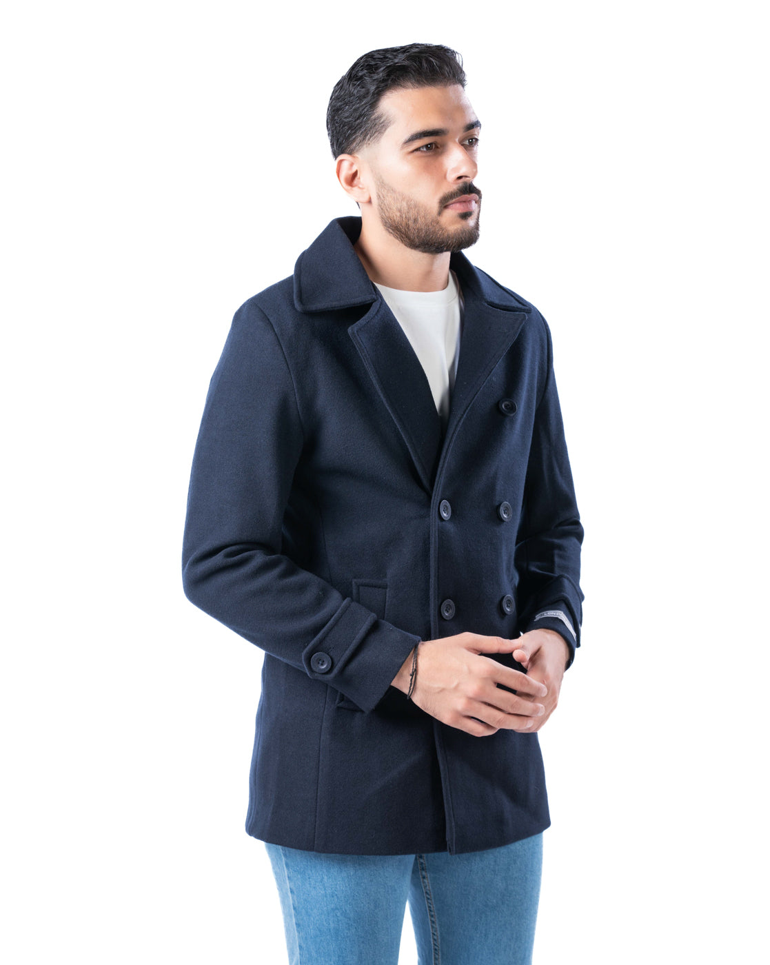 Men’s Navy Double-Breasted Blazer with Lapel Collar & Sleeve Tabs