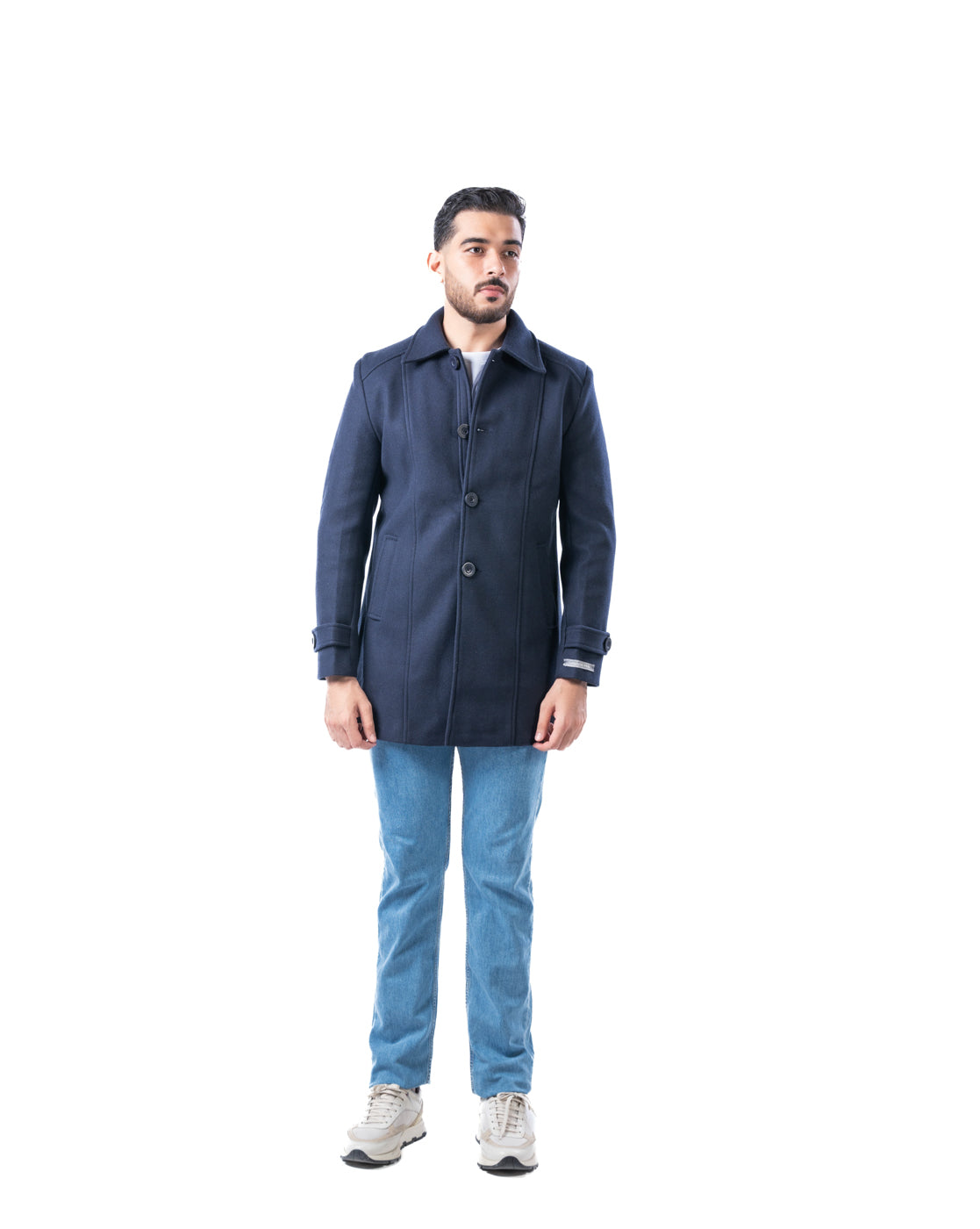Men’s Black Hip-Length Double-Breasted Polyester Coat with Cutaway Collars & Sleeve Tabs