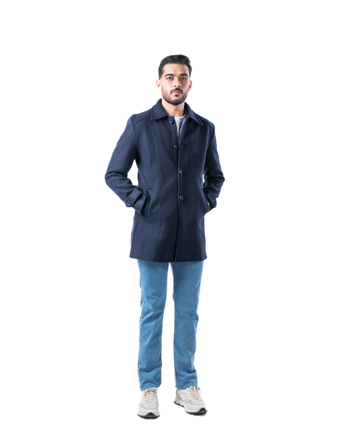 Men’s Black Hip-Length Double-Breasted Polyester Coat with Cutaway Collars & Sleeve Tabs