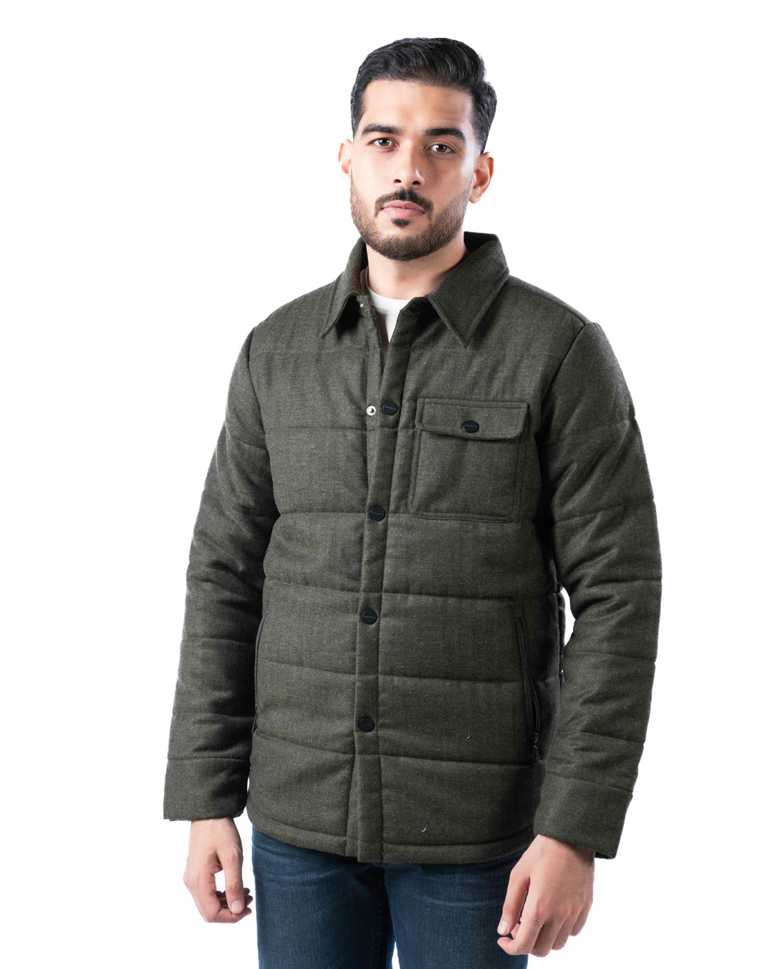 Men’s Olive Wool Blend Harrington Jacket – Quilted Warmth