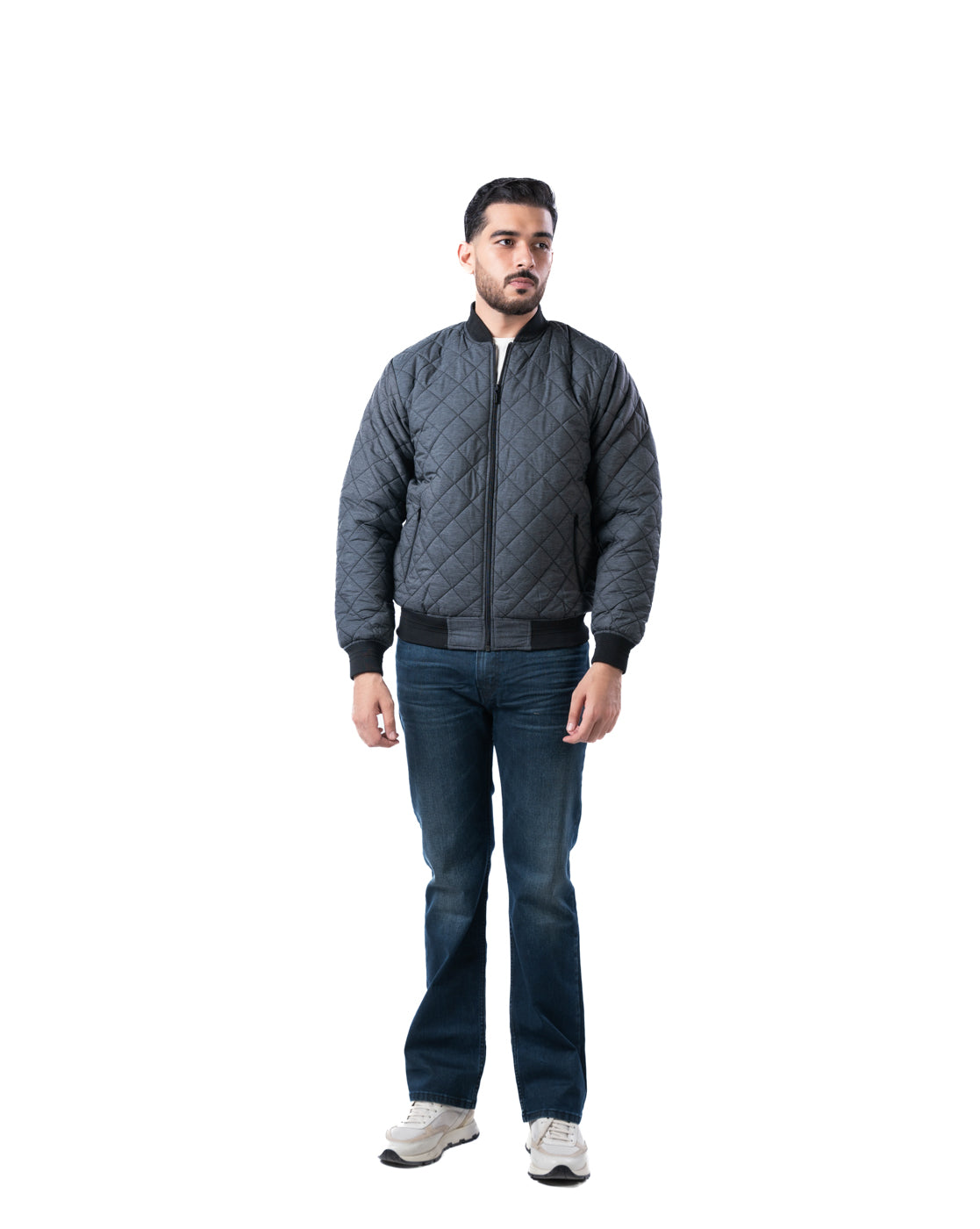 Men’s Charcoal Quilted Bomber Jacket with Zip Closure