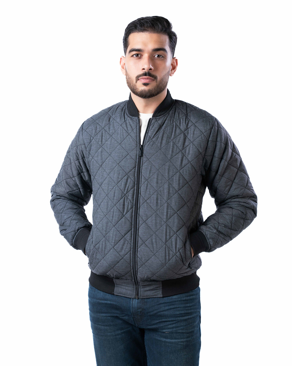 Men’s Charcoal Quilted Bomber Jacket with Zip Closure