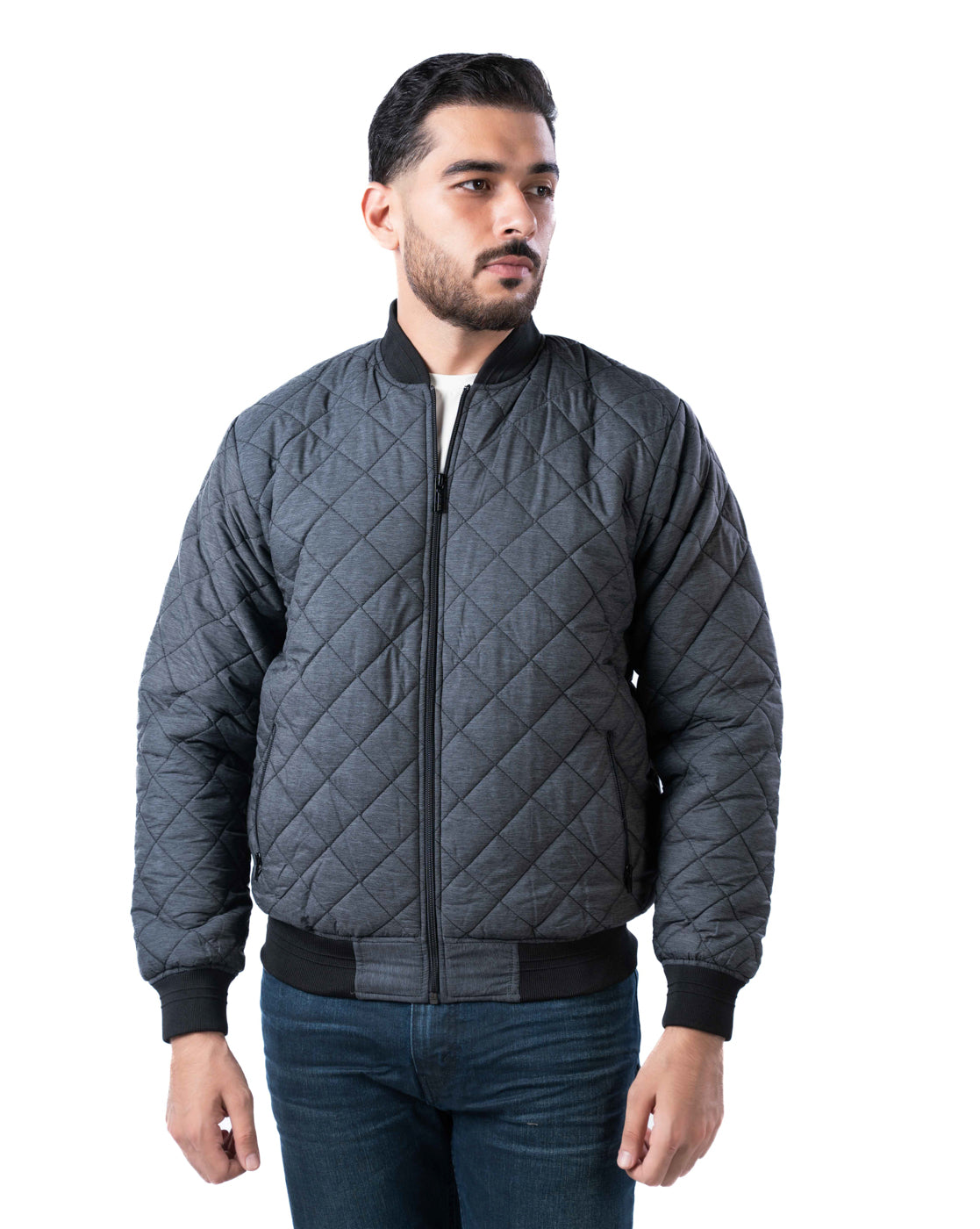 Men’s Charcoal Quilted Bomber Jacket with Zip Closure