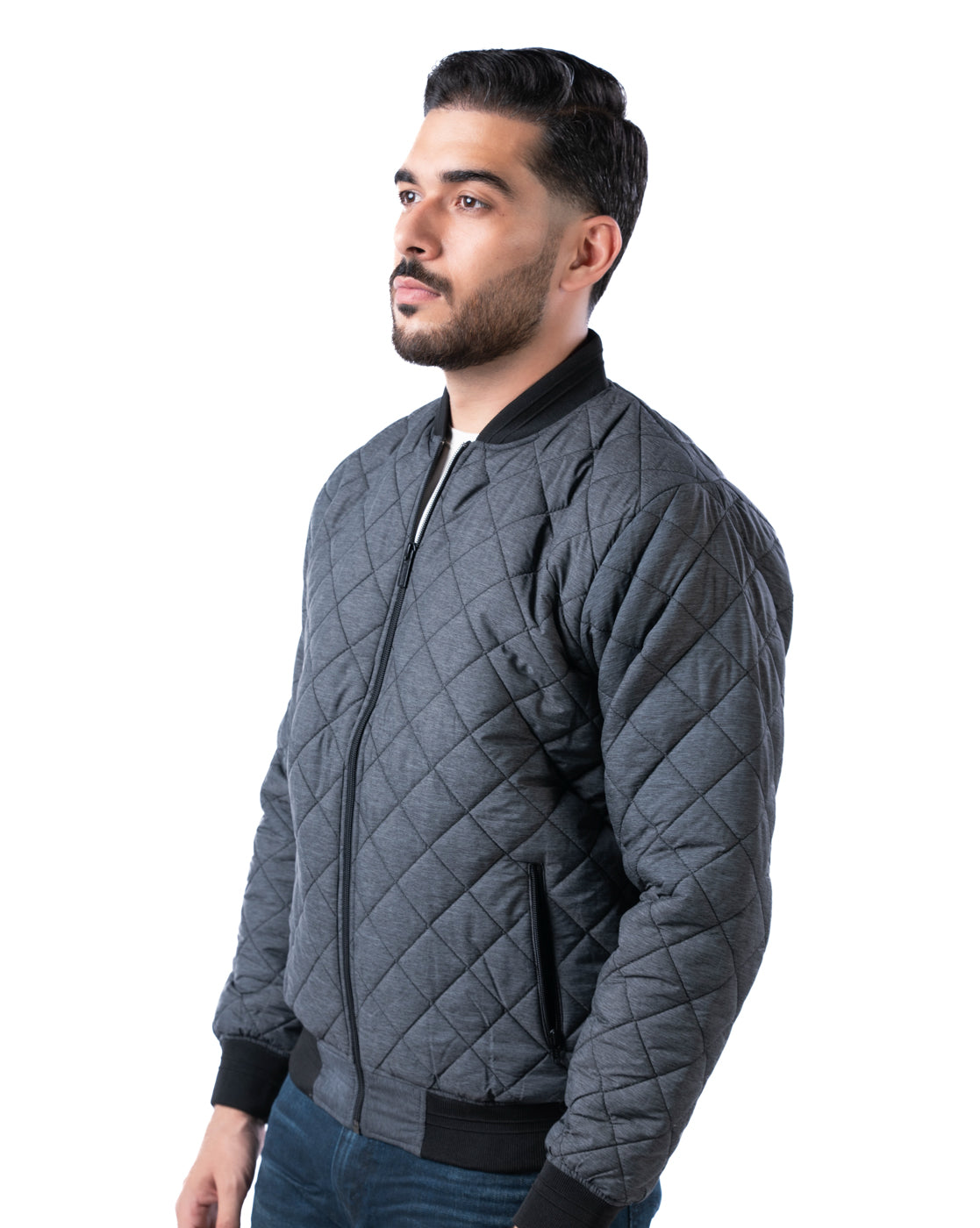 Men’s Charcoal Quilted Bomber Jacket with Zip Closure