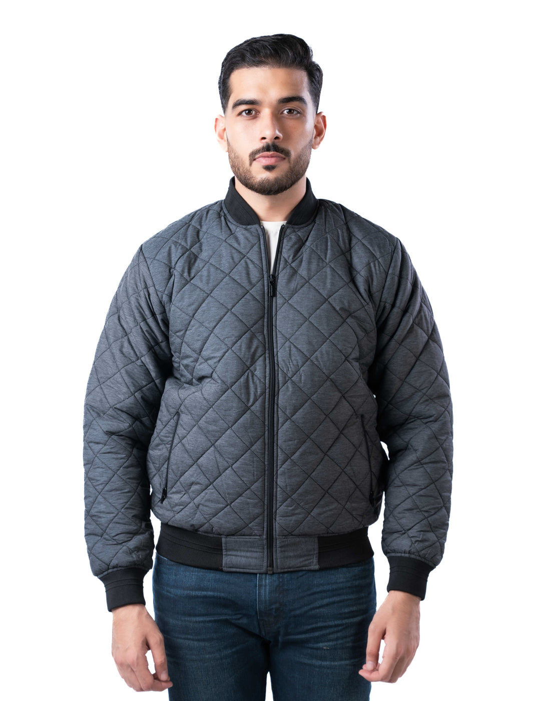 Men’s Charcoal Quilted Bomber Jacket with Zip Closure