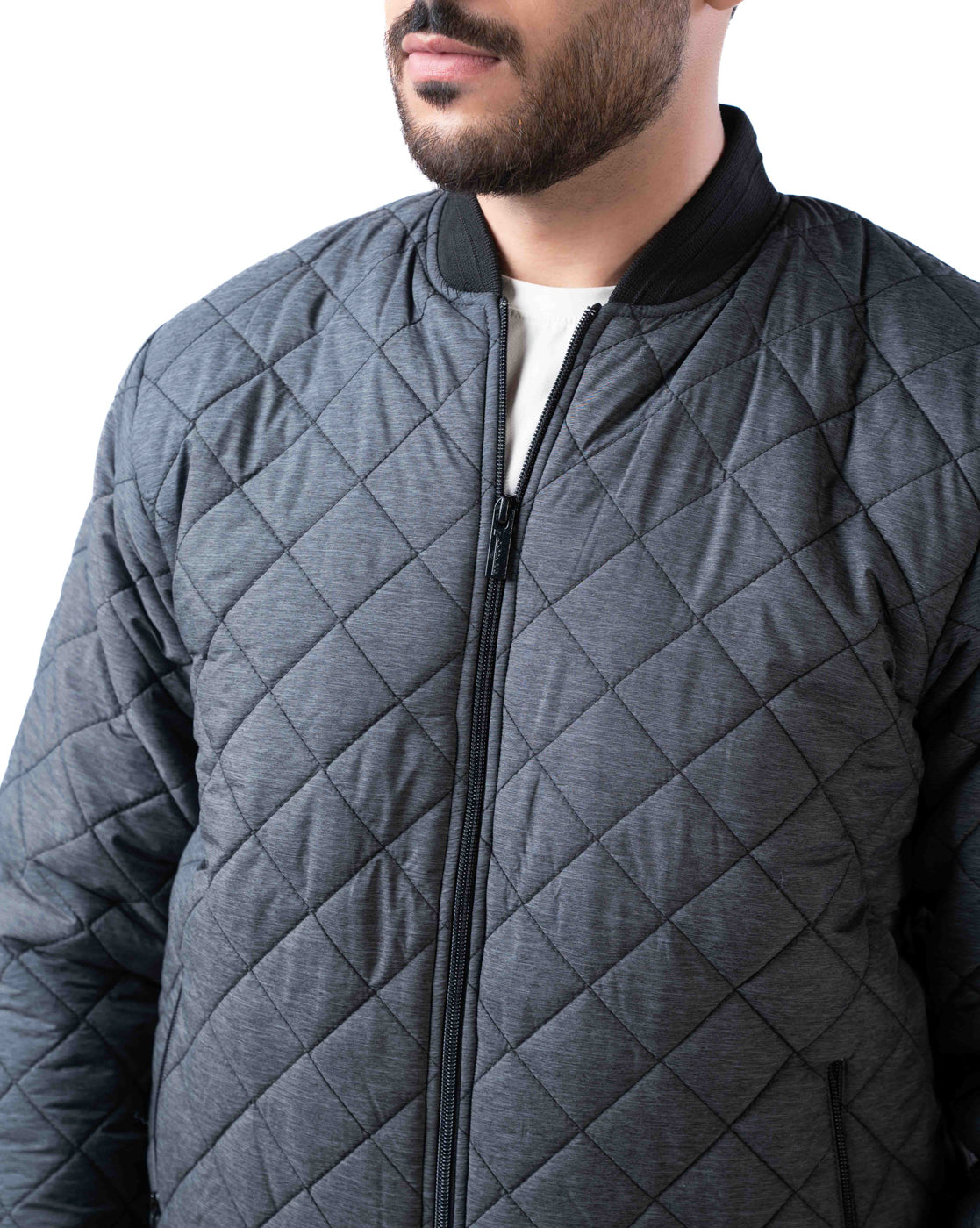 Men’s Charcoal Quilted Bomber Jacket with Zip Closure
