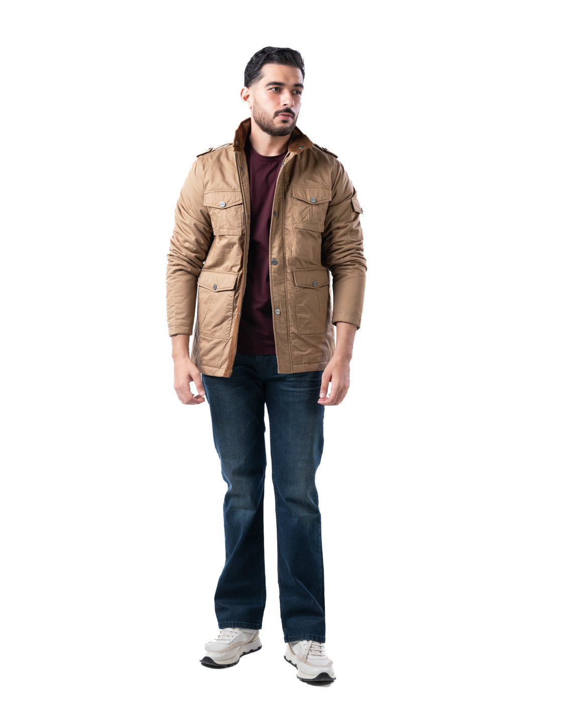 Men’s Khaki Cotton Biker Jacket with Pockets & Epaulets