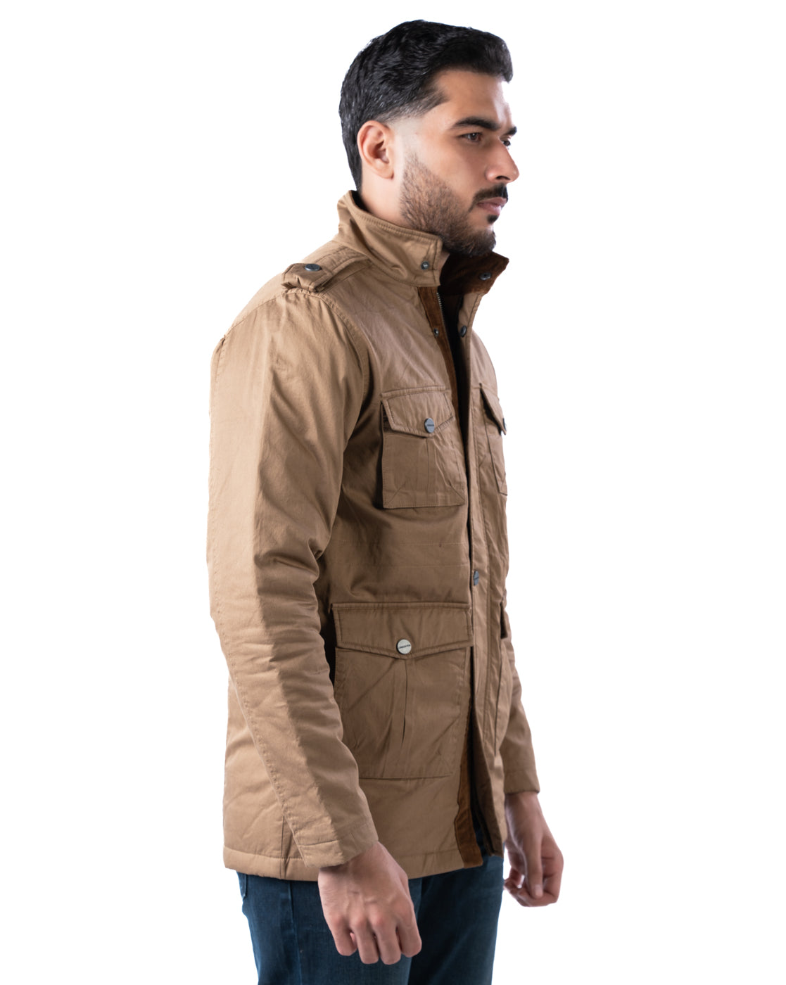 Men’s Khaki Cotton Biker Jacket with Pockets & Epaulets