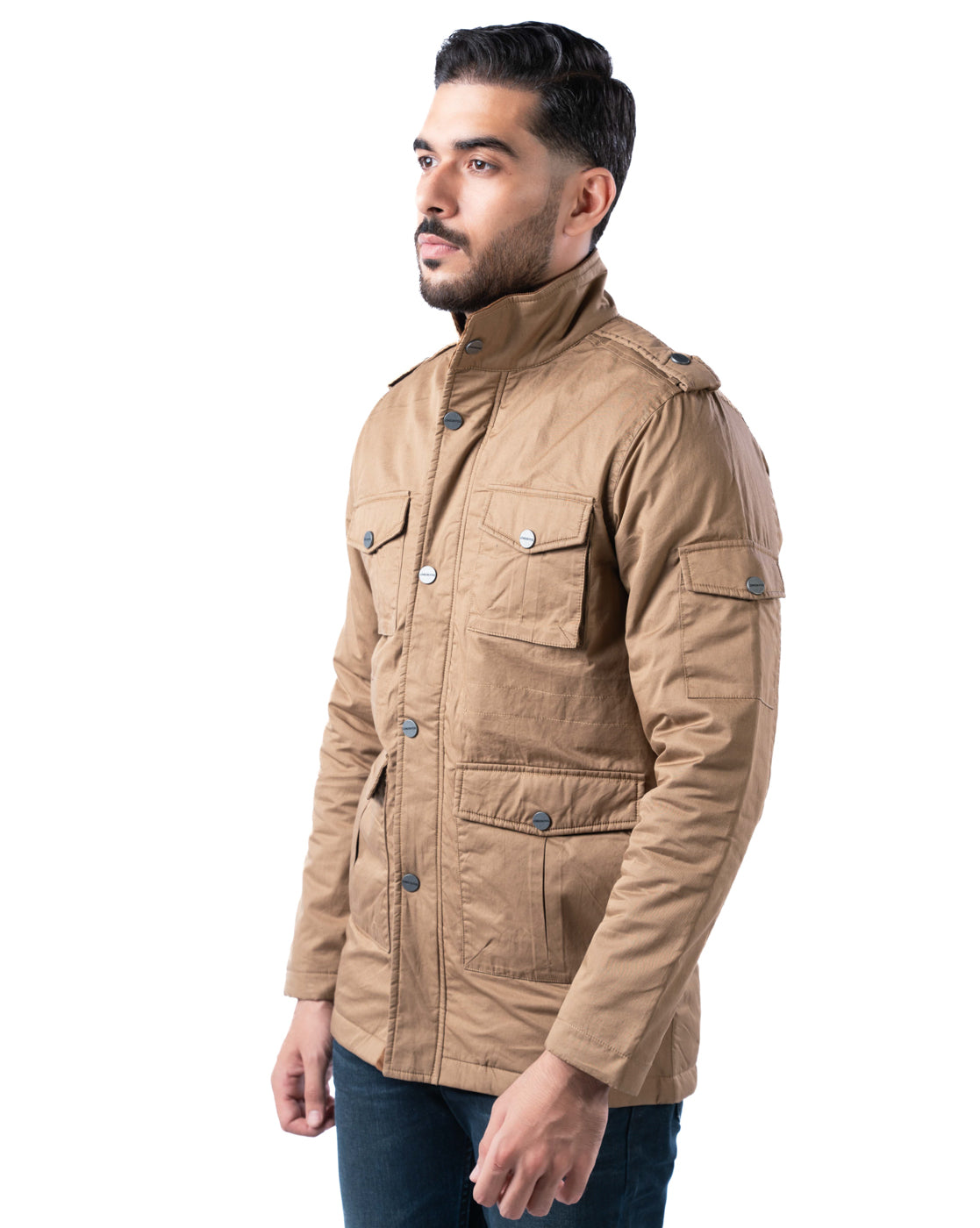 Men’s Khaki Cotton Biker Jacket with Pockets & Epaulets