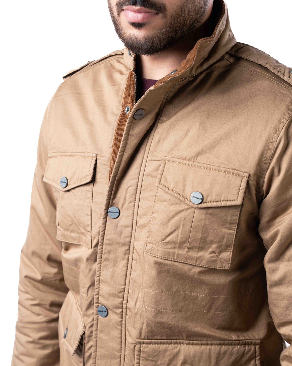 Men’s Khaki Cotton Biker Jacket with Pockets & Epaulets