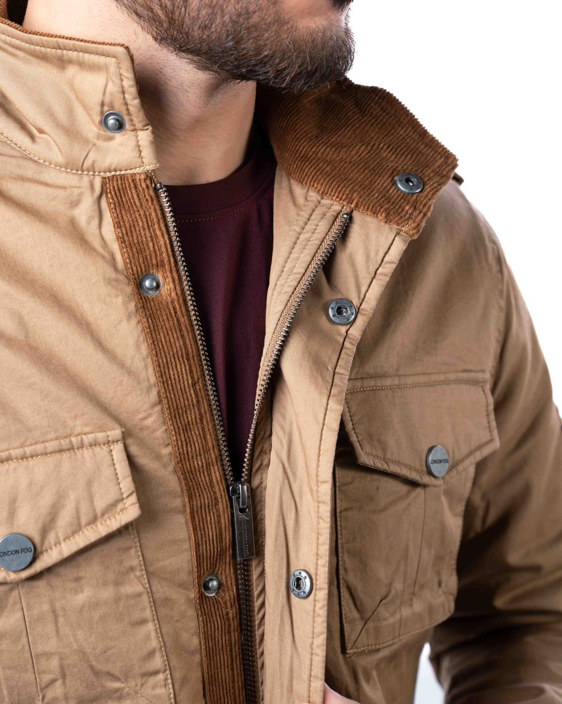 Men’s Khaki Cotton Biker Jacket with Pockets & Epaulets